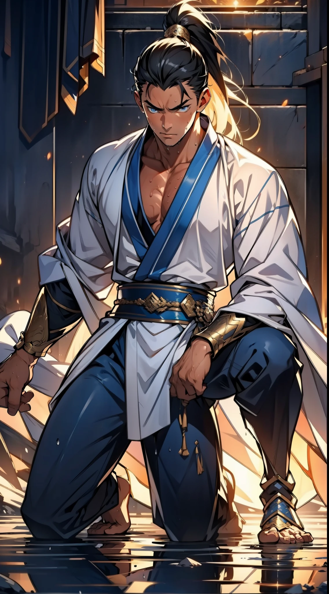 Two dimensions,anime style,one person(male warrior),proportions are correct,facial details,swordsman,High ponytail hairstyle,neck details,Have an Adam's apple,white robe,joke,white robe,Clothing details,transfer,long sleeve,Game quality,fencing,Ray tracing,Ray tracing,Detailed glow,CG rendering,Hair details,long black hair,blue eyes,Handsome,Handsome,(Youthful feeling),Costumes are complicated,Perfect composition,refine,high quality,higher detail,many details,Complex background,a sense of atmosphere, 1 person,very shy,Pee on legs,The semen flows down the thighs,Awkward,excited,very shocked,panicked,Worry,A small puddle of your own urine forms around your feet,Full body female love,Kneeling on the ground,really want,Very uncomfortable,wet yourself,Urine discharge, Sweating in the crotch,Soaked,