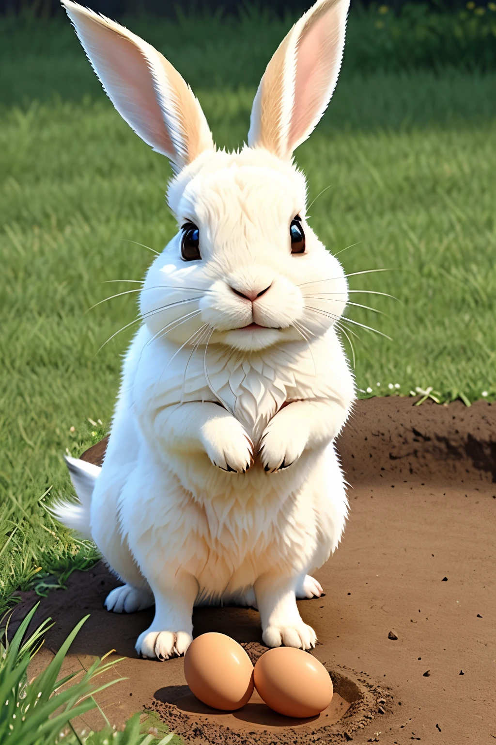 A rabbit hops skillfully through the emerald-green grass, its diminutive paws clutching delicate pastel-colored eggs. With nimble agility and meticulous precision, it digs small, intricately crafted burrows in the soft earth, carefully placing each egg in a secure and hidden nest. Its plush, sun-kissed fur gleams with a luminous sheen as it hops quietly and cautiously, shielding its priceless treasure from prying eyes. This stunning image comes to life in breathtaking high definition detail, every fiber of the rabbit's fur and every speck of sunlight dancing on the grass depicted with exquisite realism