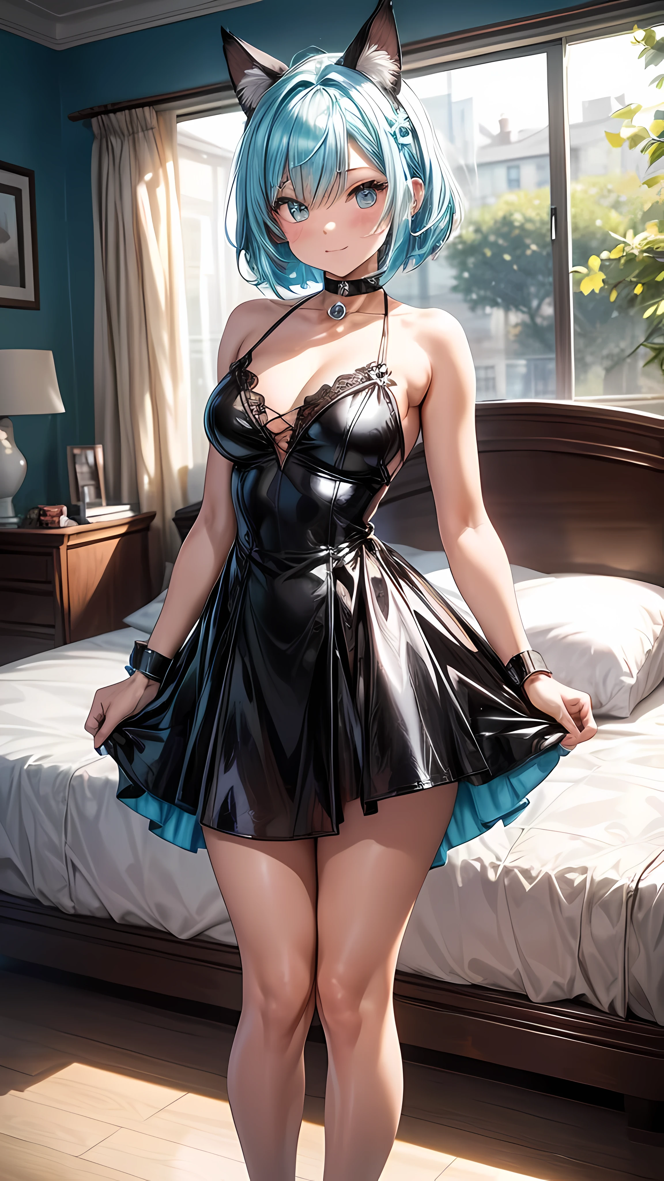 A mature and gorgeous Catgirl with cyan colored cat ears and cyan colored hair is posing seductively. She has a skull ornament in her hair. Her black latex dress is form fitting and shines in the light. She is wearing a black choker with a red jewel heart. She has an expression that's sexy and tempting. She is well lit standing in a bedroom.
{{cyan colored cat ears}}, (masterpiece), best quality, expressive eyes, cyan eyes, heart shaped pupils, slender figure, perfect face, cyan colored hair, short hair, bob cut hair, hair over one eye, ((hair over eye)), black dress, latex dress, ((skull ornament)), (low cut dress), smiling, sexy pose, large breasts, bedroom, black choker,