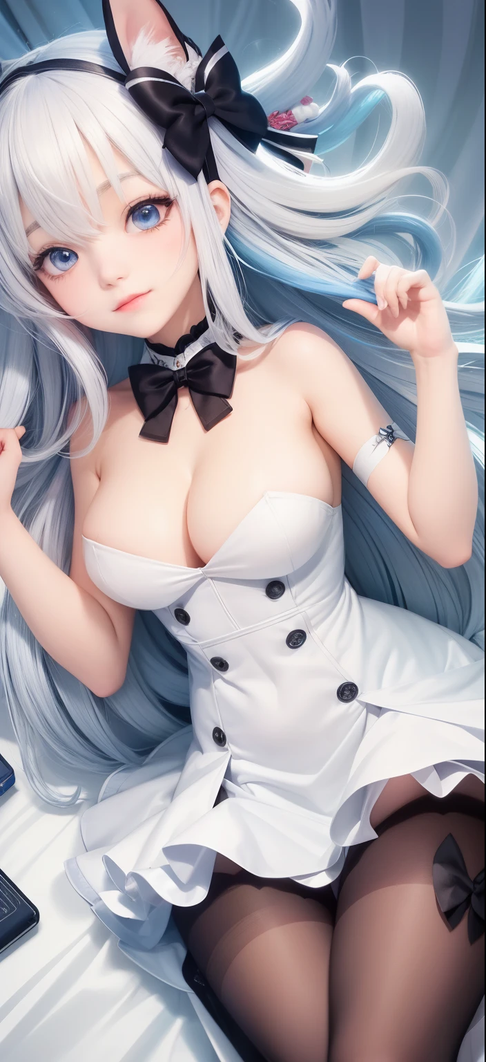 anime girl,long white hair,wearing a bow tie,Lying in bed, fine details. girls frontline, from girls frontline, Azure Lane style, 诱人的anime girl, From《Azur route》video game, 《Azur route》role in, white cat girl, , girls frontline cg, Double ponytail white_Gloves, wearing clothes