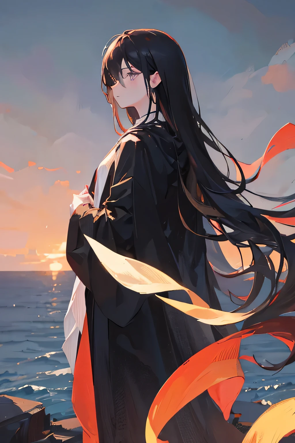 Young boy with long black and pale hair dressed in black antique style,Eyes cold and expressionless,Angle side view standing on the cliff with a breeze blowing long hair and black robe,Details 8k