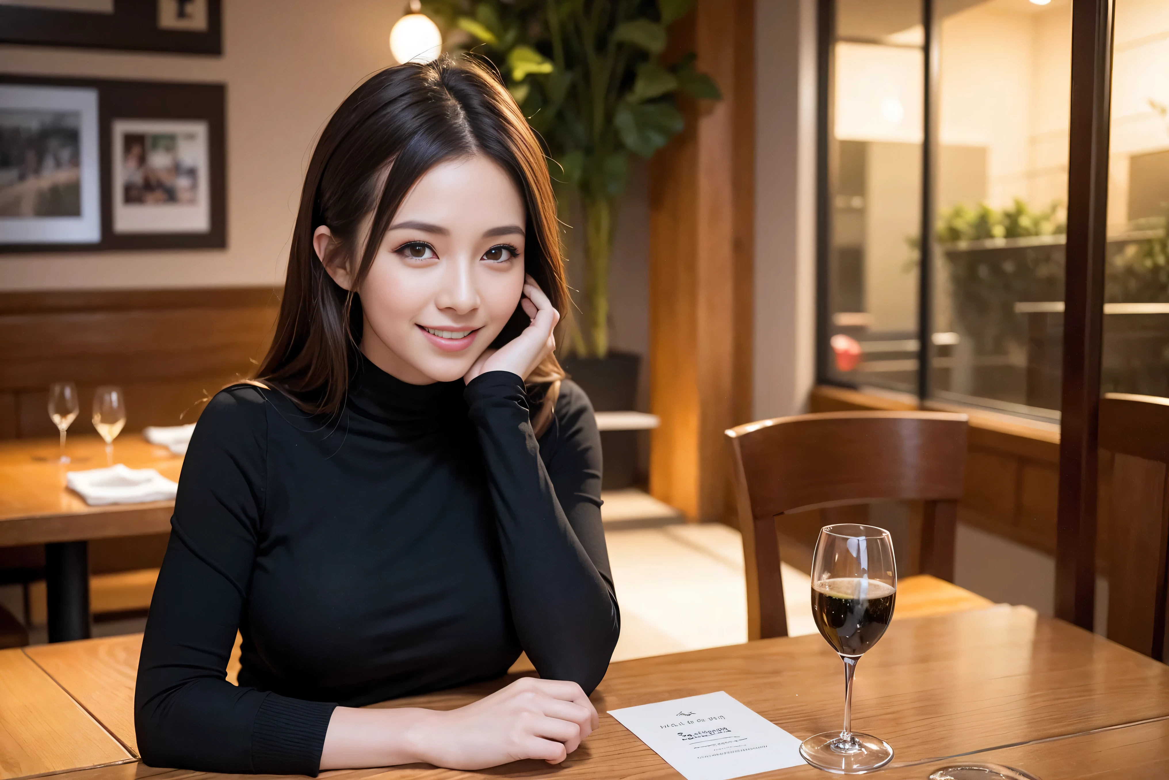 K, UHD, highest quality, masterpiece: 1.2), (realistic, photorealistic: 1.37), Super detailed, 3 slim beauties, (slim face),Happy、 the best smile、Fox face、Berry Short、(because I'thin), (brown hair), (shortcut), long sleeve shirt、winter fashion、Colombian、Brazilian、Japanese、Dutch、German、Portuguese、Belgian、Italian、French,Champagne、SparKling wine、 (gush), (slim body), (brown hair), (shortcut), neat beauty、cheeKs blush a little, (35 years old), 38 years old, alone, A beautiful and detailed night view spreads out outside the window..., restaurant, wine glass is sitting, At night, in a prominent place (from the Upper body) nova frog style, actress, model, Upper body, White wine, slim, wine glass, very beautiful night view, wine glass Put in the Middle, Happy smile, (smile: 1.15),