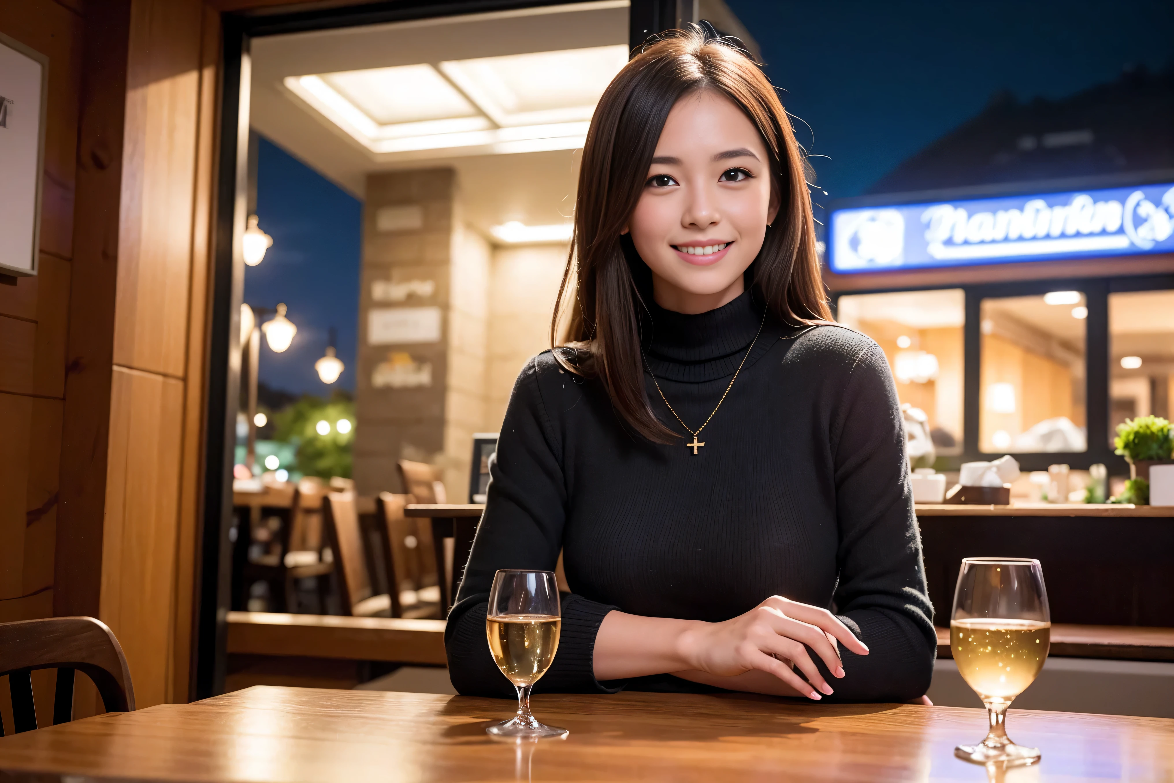 K, UHD, highest quality, masterpiece: 1.2), (realistic, photorealistic: 1.37), Spectacular view of the sunset sky and clouds、Amazing mountain views、A bright smile、3 slim beauties, (slim face),Happy、 the best smile、Fox face、Berry Short、(because I'thin), (brown hair), (shortcut), long sleeve shirt、winter fashion、Japanese、Dutch、German、Portuguese、Belgian、Italian、French,Champagne、SparKling wine、 (gush), (slim body), (brown hair), (shortcut), neat beauty、cheeKs blush a little, (41 years old), 38 years old, alone, A beautiful and detailed night view spreads out outside the window..., restaurant, wine glass is sitting, At night, in a prominent place (from the Upper body) nova frog style, actress, model, Upper body, White wine, slim, wine glass, very beautiful night view, wine glass Put in the Middle, Happy smile, (smile: 1.15),