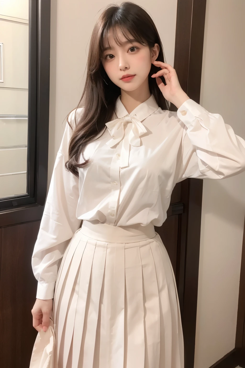 long skirt,neat woman,office,highly educated,Japan,expression of ecstasy,Realistic,Large chest,pleated skirt,blush,Gesture to hold back pee,white blouse,Ribbon on blouse