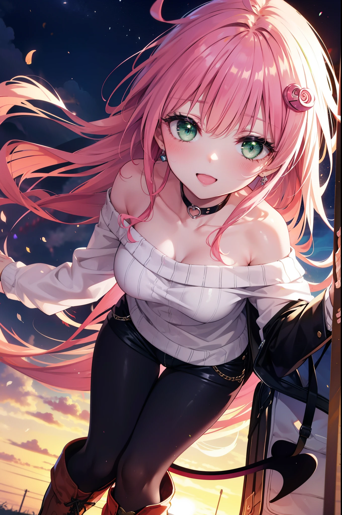 Lara Deviluke, Lara Deviluke, long hair, pink hair, tail, Ahoge, bangs, hair ornaments, (green eyes:1.5), smile,blush,open your mouth,demon tail,off shoulder sweater,bare shoulders,bare clavicle,naked neck,shorts,black pantyhose,short boots,bag,evening,sunset,So that the whole body goes into the illustration,
break outdoors, In town,ビル街
break looking at viewer, 
break (masterpiece:1.2), highest quality, High resolution, unity 8k w全てpaper, (shape:0.8), (beautiful detailed eyes:1.6), extremely detailed face, perfect lighting, extremely detailed CG, (perfect hands, perfect ???????),