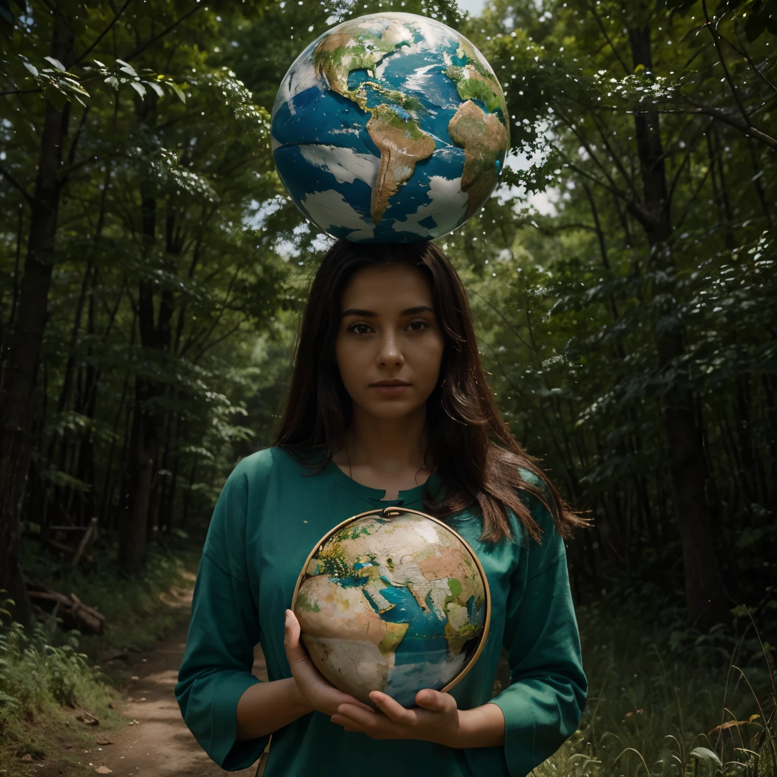 A women holding the earth and trying to protect it from mad made environmental calamity. The poster colour should be in the shades of green and oil or water colour painting