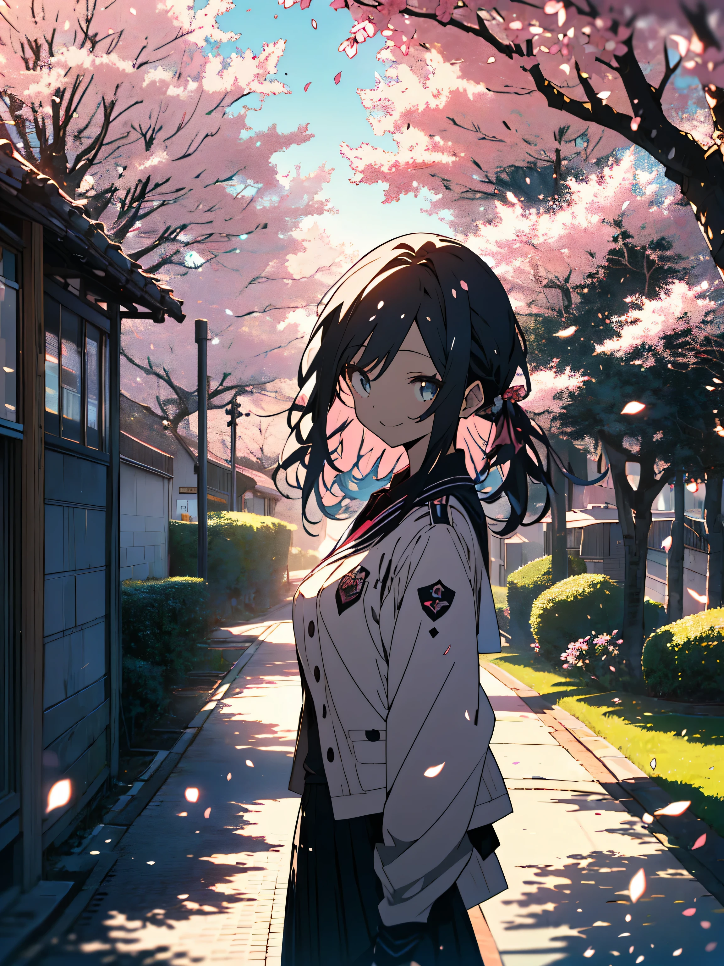 (highest quality、masterpiece、High resolution、be familiar with)、(shining eyes、be familiar with美しい顔)、8K、(2 girls)、(smile)、(high school girl、uniform)、walk together on the way to school、Cityscape lined with cherry blossom trees、sunny、bright theme、pop、Beautifully falling cherry blossom petals、(beautiful anime)