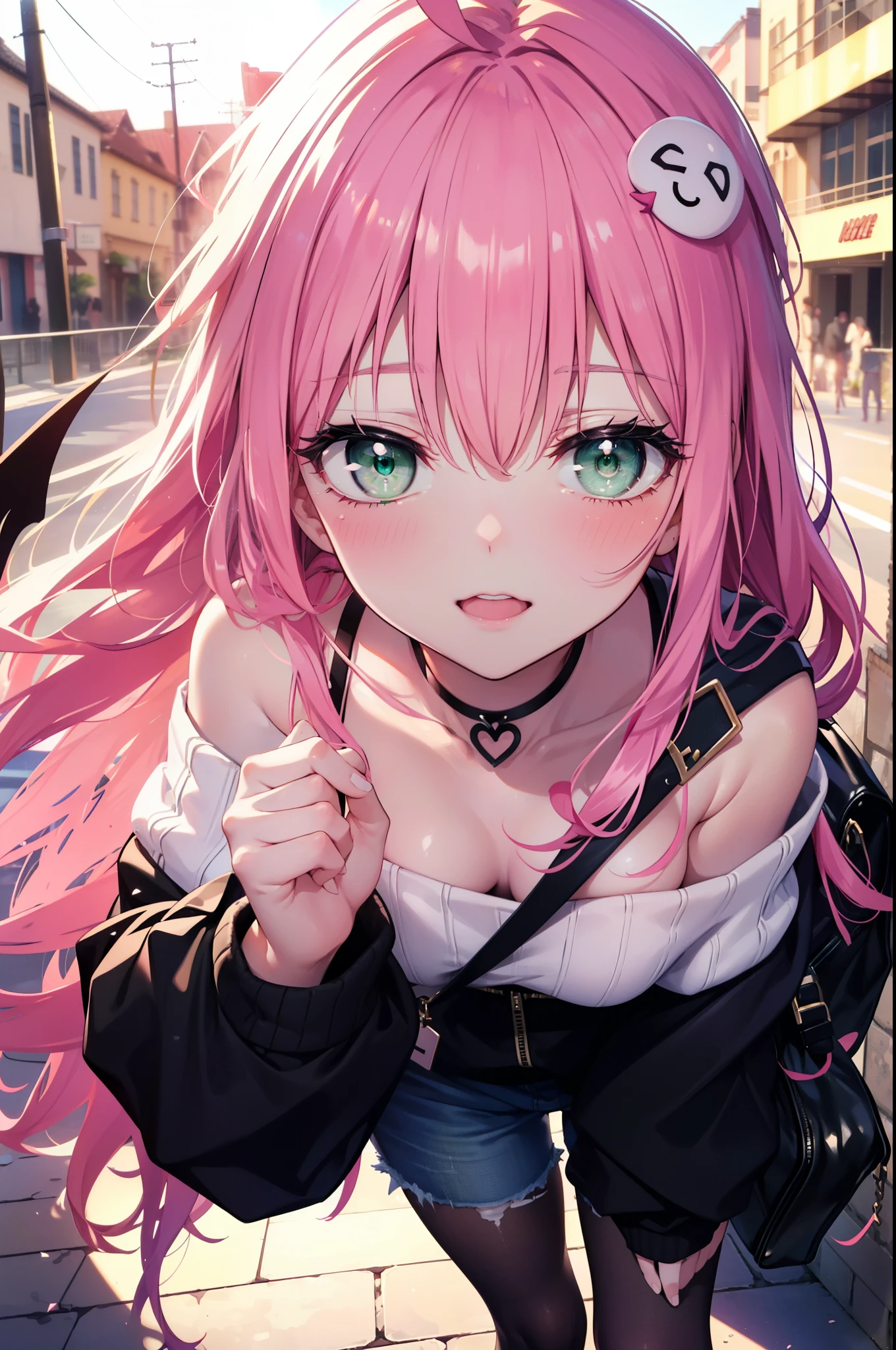 Lara Deviluke, Lara Deviluke, long hair, pink hair, tail, Ahoge, bangs, hair ornaments, (green eyes:1.5), smile,blush,open your mouth,demon tail,off shoulder sweater,bare shoulders,bare clavicle,naked neck,shorts,black pantyhose,short boots,bag,evening,sunset,So that the whole body goes into the illustration,
break outdoors, In town,ビル街
break looking at viewer, 
break (masterpiece:1.2), highest quality, High resolution, unity 8k w全てpaper, (shape:0.8), (beautiful detailed eyes:1.6), extremely detailed face, perfect lighting, extremely detailed CG, (perfect hands, perfect anatomy),