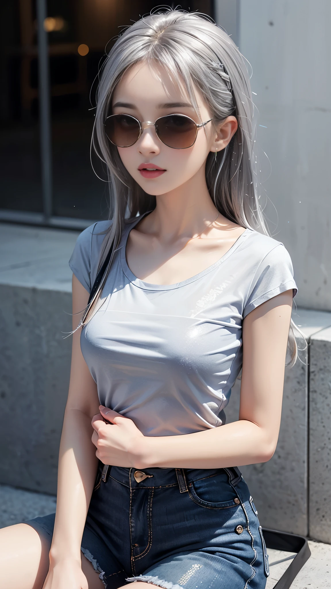 (best quality:1.2,4k ultra hd:1.2), a girl, beautiful face, full and glossy lips, long flowing hair, perfectly straightened, small breasts, (gradient silver t-shirt:1.5), (black straps t-shirt:1.4), bare arms, black jeans, complete with a cap, (sparkling sunglasses:1.5), capturing her character and charm, with a blurred background enhancing the relaxed atmosphere, showcasing her confidence and elegance, sitting,