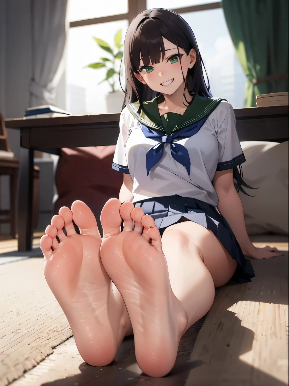 (masterpiece:1.2, highest quality), (real picture, intricate details), 1 female, alone, sitting, show your legs, feetを見せる, showing Boot sole, long hair, minimal makeup, Natural materials, close up of face, grin, mischievous face, Barefoot, カメラにfeetを向ける, bangs, Korean bangs, bangs on forehead, green eyes, , school t-shirt, school skirt, pleated skirt, big breasts, big , mature body, mature face, detailed face, correct feet anatomy, feetの解剖学, sexy feet, feetが視聴者を指している, feet, Boot sole, 詳細なfeet, correct feet anatomy, Boot sole, sitting