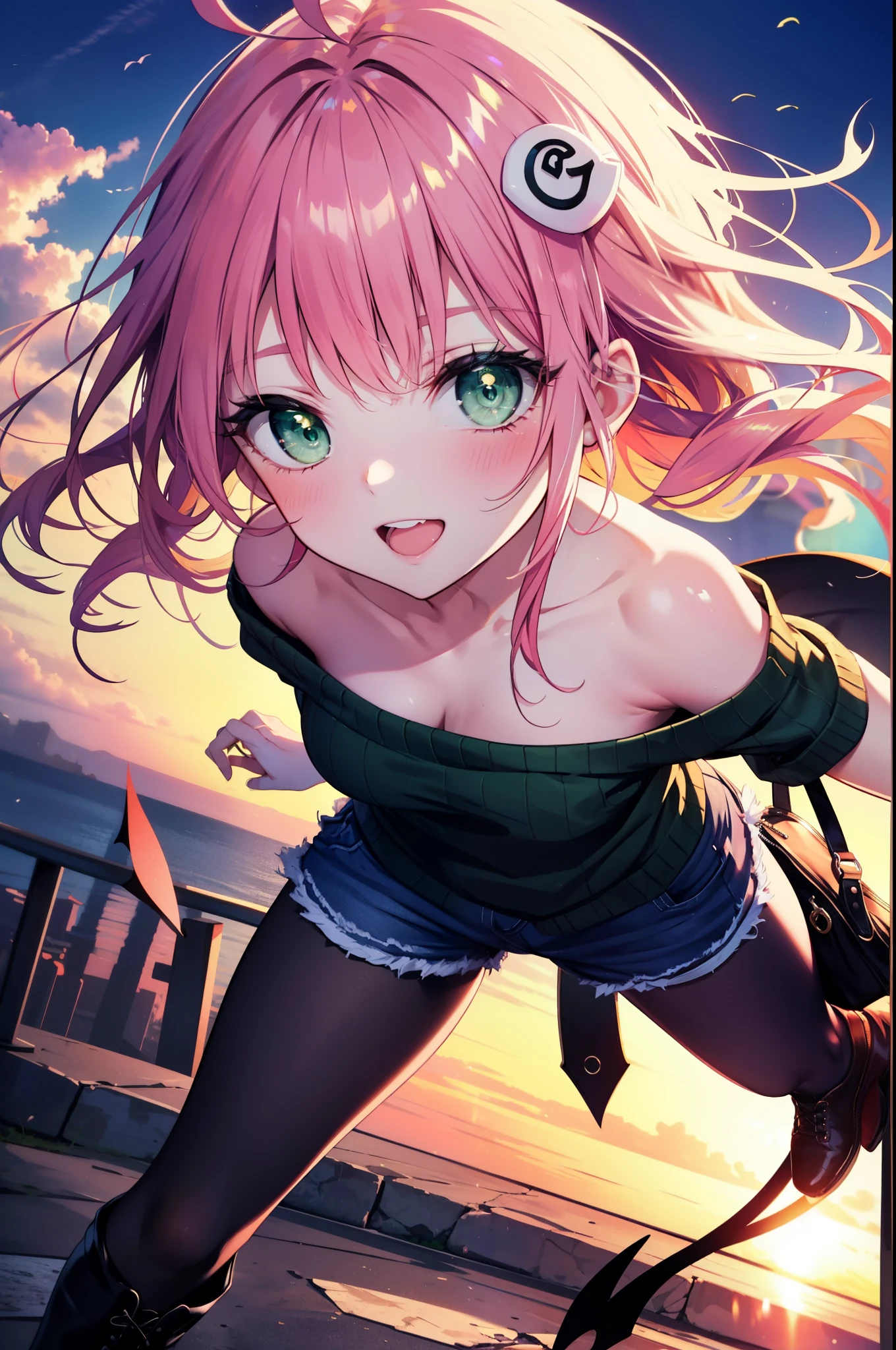 Lara Deviluke, Lara Deviluke, long hair, pink hair, tail, Ahoge, bangs, hair ornaments, (green eyes:1.5), happy smile, smile, open your mouth,demon tail,off shoulder sweater,bare shoulders,bare clavicle,naked neck,shorts,black pantyhose,short boots,bag,evening,sunset,So that the whole body goes into the illustration,
break outdoors, In town,ビル街
break looking at viewer, 
break (masterpiece:1.2), highest quality, High resolution, unity 8k w全てpaper, (shape:0.8), (beautiful detailed eyes:1.6), extremely detailed face, perfect lighting, extremely detailed CG, (perfect hands, perfect anatomy),