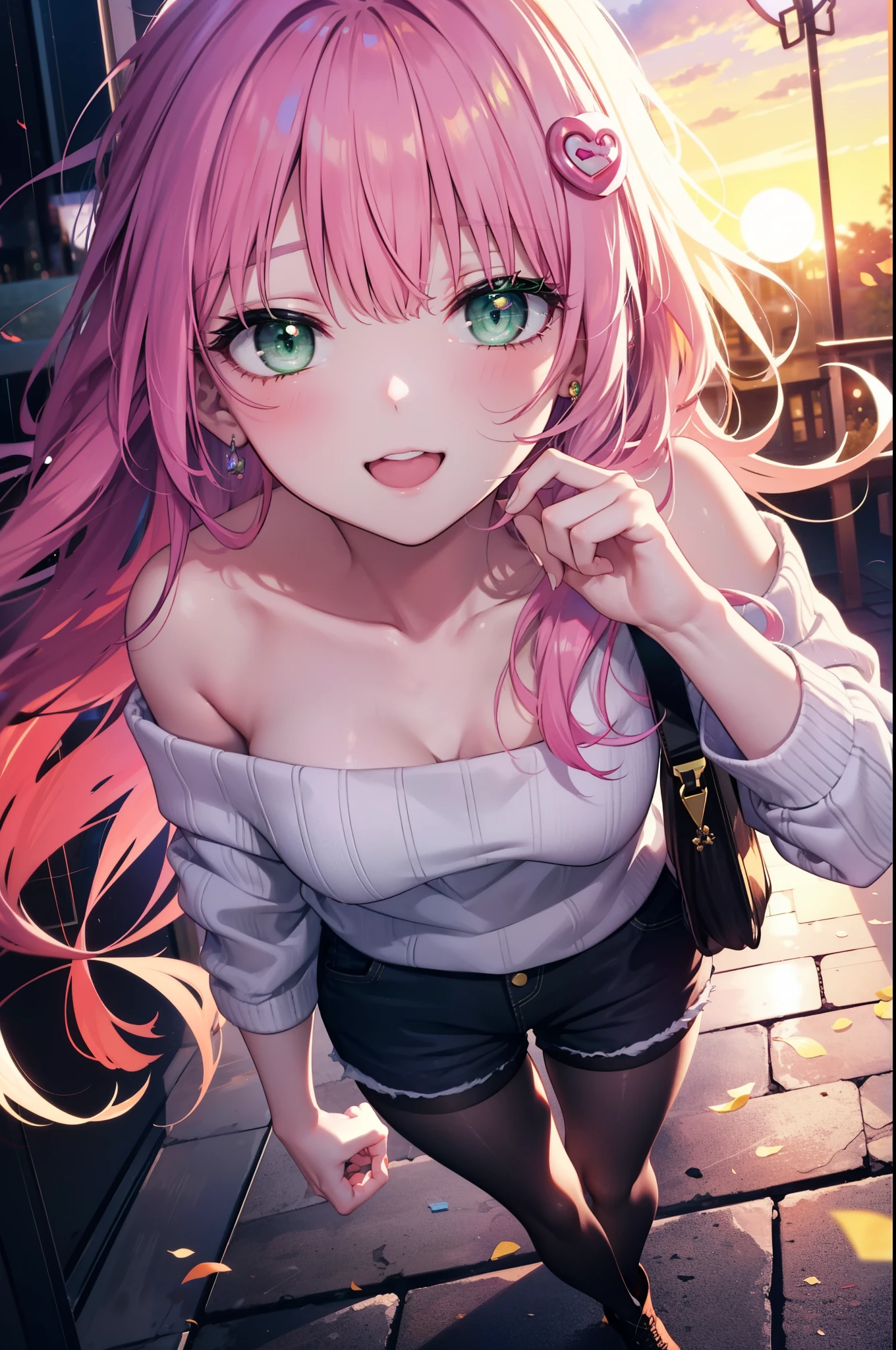 Lara Deviluke, Lara Deviluke, long hair, pink hair, tail, Ahoge, bangs, hair ornaments, (green eyes:1.5), happy smile, smile, open your mouth,demon tail,off shoulder sweater,bare shoulders,bare clavicle,naked neck,shorts,black pantyhose,short boots,bag,evening,sunset,So that the whole body goes into the illustration,
break outdoors, In town,ビル街
break looking at viewer, 
break (masterpiece:1.2), highest quality, High resolution, unity 8k w全てpaper, (shape:0.8), (beautiful detailed eyes:1.6), extremely detailed face, perfect lighting, extremely detailed CG, (perfect hands, perfect anatomy),