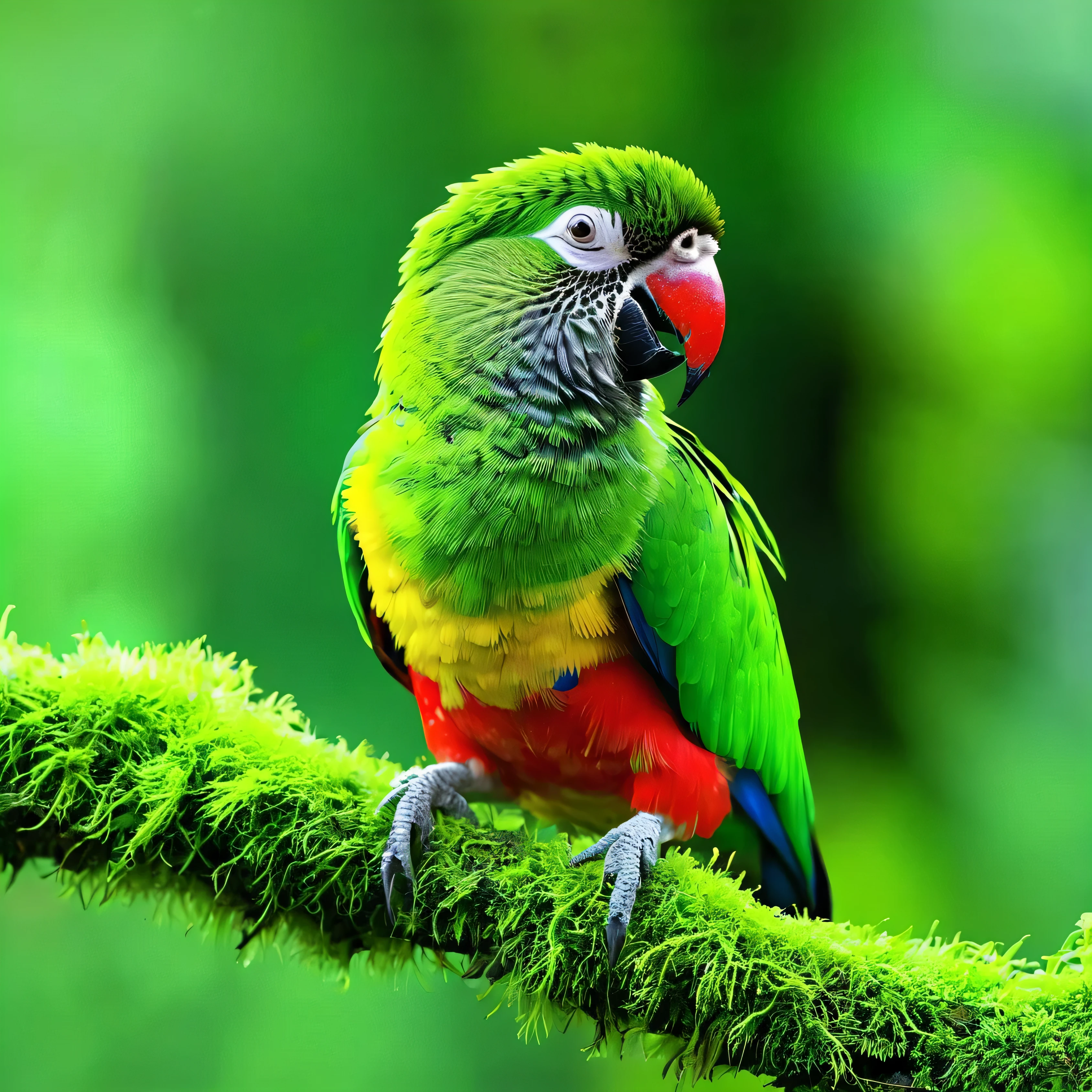 
there is a green bird sitting on a branch with moss, parrot, green head, fluffy green belly, highly colorful, pararel, innocent look. rich vivid colors, colorful bird with a long, perched on a mossy branch, vivid colors!, closeup 4k, colourful, quetzal, vibrant vivid colors, cute colorful adorable, parrots