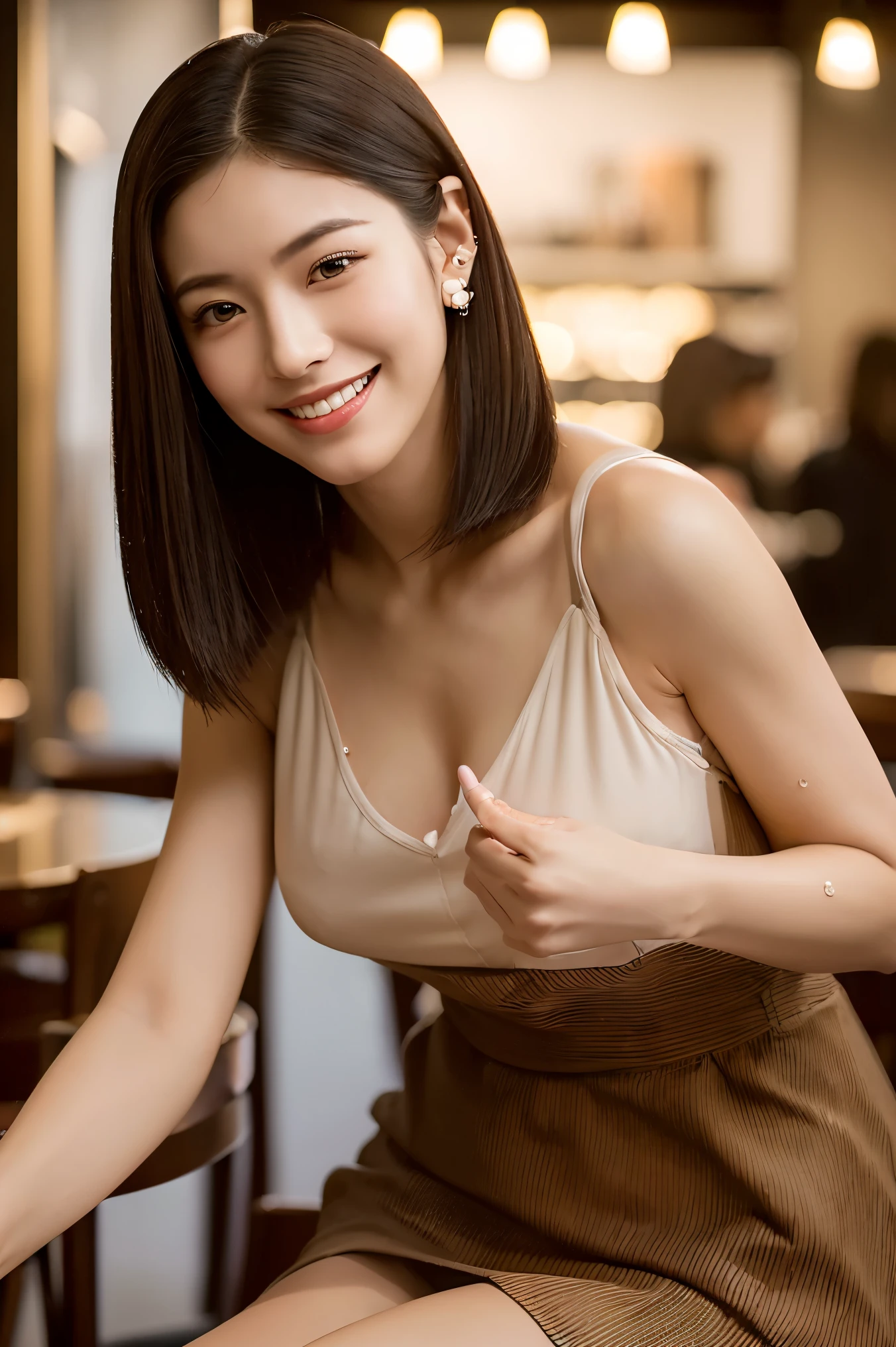 (Ultra - High resolution:1.5)(super detailed:1.3) (super high quality) (Super high quality:1.5) (realistic pictures:1.3) japanese woman 21 years old ((Beautiful face with details:1.3)) ((realistic skin texture:1.say exactly, high quality eyes:1.3)) ((The beauty of detailed and high-quality ears, My skin is very fair and transparent.:1.3)) ((beautifully groomed straight short bob hair))complete body beautiful proportions (Sleeveless shirt made of thin fabric) long gathered skirt The inside of the cafe at dusk in the background... beautiful, Luxurious and stylish interior ((Give a kind smile to the viewer:1.3)) wet half-open lips Amazing high resolution quality