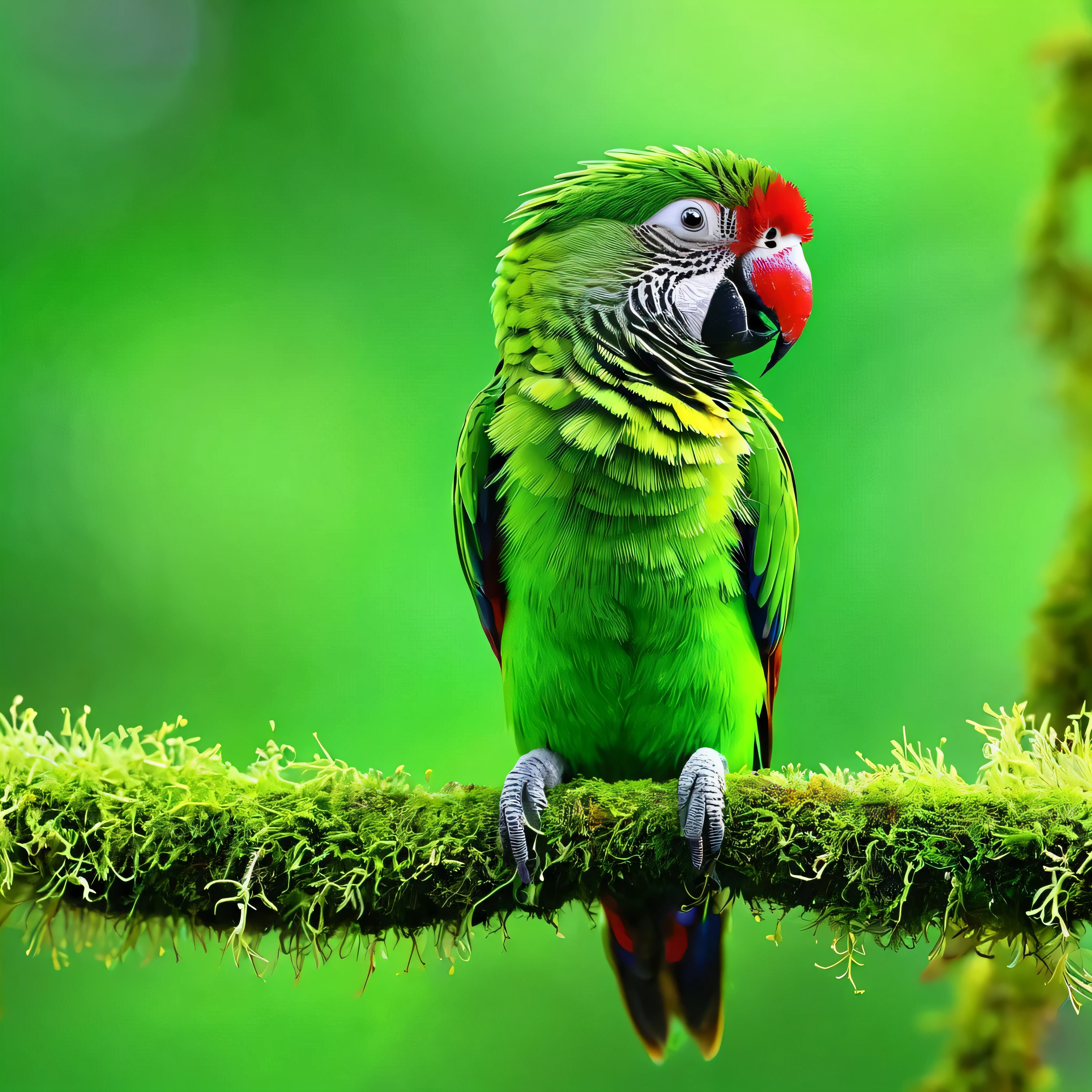 there is a green bird sitting on a branch with moss, parrot, green head, fluffy green belly, highly colorful, pararel, innocent look. rich vivid colors, colorful bird with a long, perched on a mossy branch, vivid colors!, closeup 4k, colourful, quetzal, vibrant vivid colors, cute colorful adorable, parrots