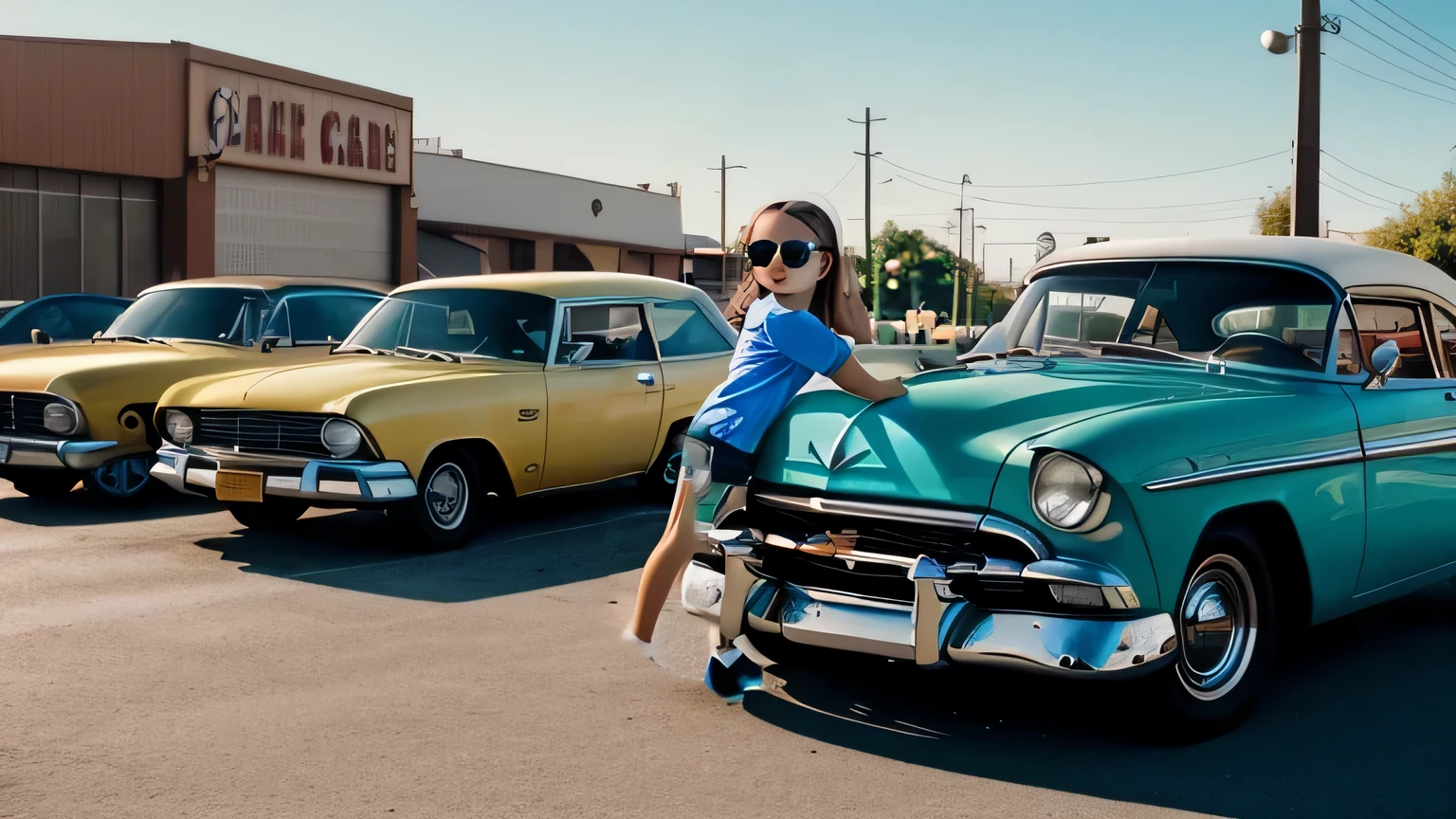??? looks at a used car, 7 to 10 years old girl, adorable, she wears vanilla and blue shirt, wearing sunglasses, 8k uhd, dslr, high quality, grain film, Fujifilm XT3, film stock photography 4 kodak portra 400 camera f1.6 lens rich colors hyper realistic texture dramatic lighting unrealengine