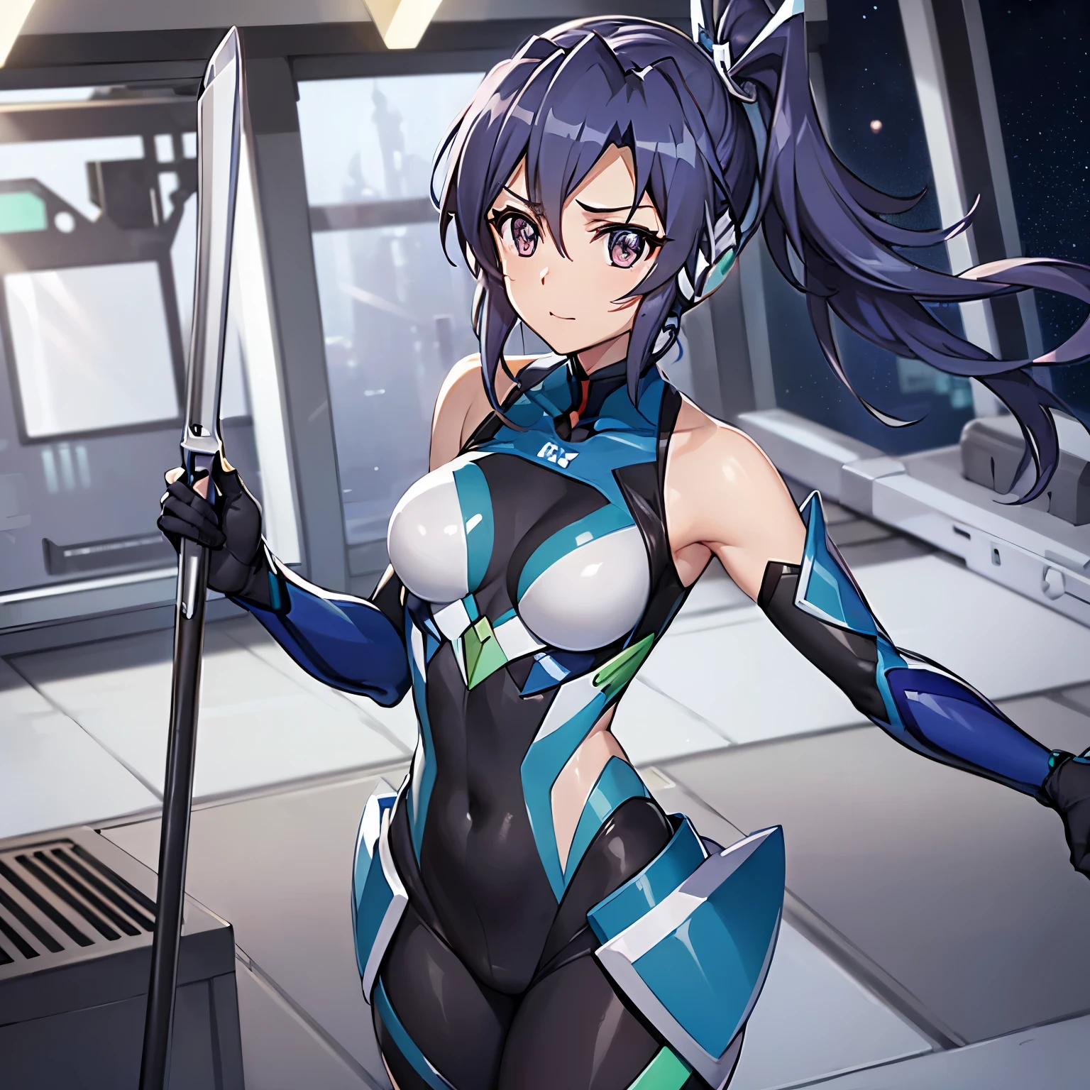 (俯瞰figure),dynamic angle,Super detailed, figure, close, straight, 1 girl, 
 ((kazanari tsubasa, interface headset, symphogear body suit:1.4, dark blue hair)),Her eyes shone like dream-like stars,(shining eyes:1.233),(beautiful and detailed eyes:1.1),(No expression,closed mouth),(Are standing), 
(Maintenance room with tools and spaceship windows inside a white spaceship),
(night:1.2),dream-like, [[delicate fingers and hands:0.55]::0.85],(finger details),