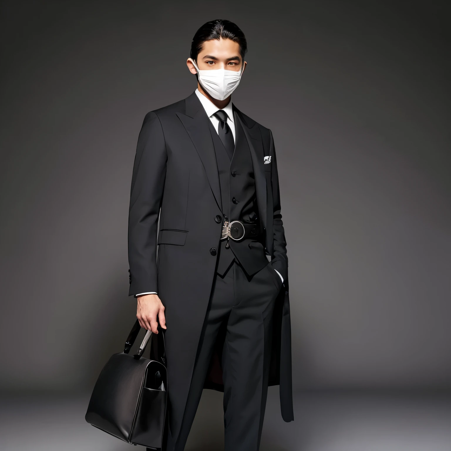 A suit with a mask that covers half of your face. El traje es negro y lleva cintas atadas alrededor de sus antebrazos y piernas. The suit includes a black belt with special compartments, donde puede almacenar herramientas y equipo. It has a classic look, but also modern and elegant.