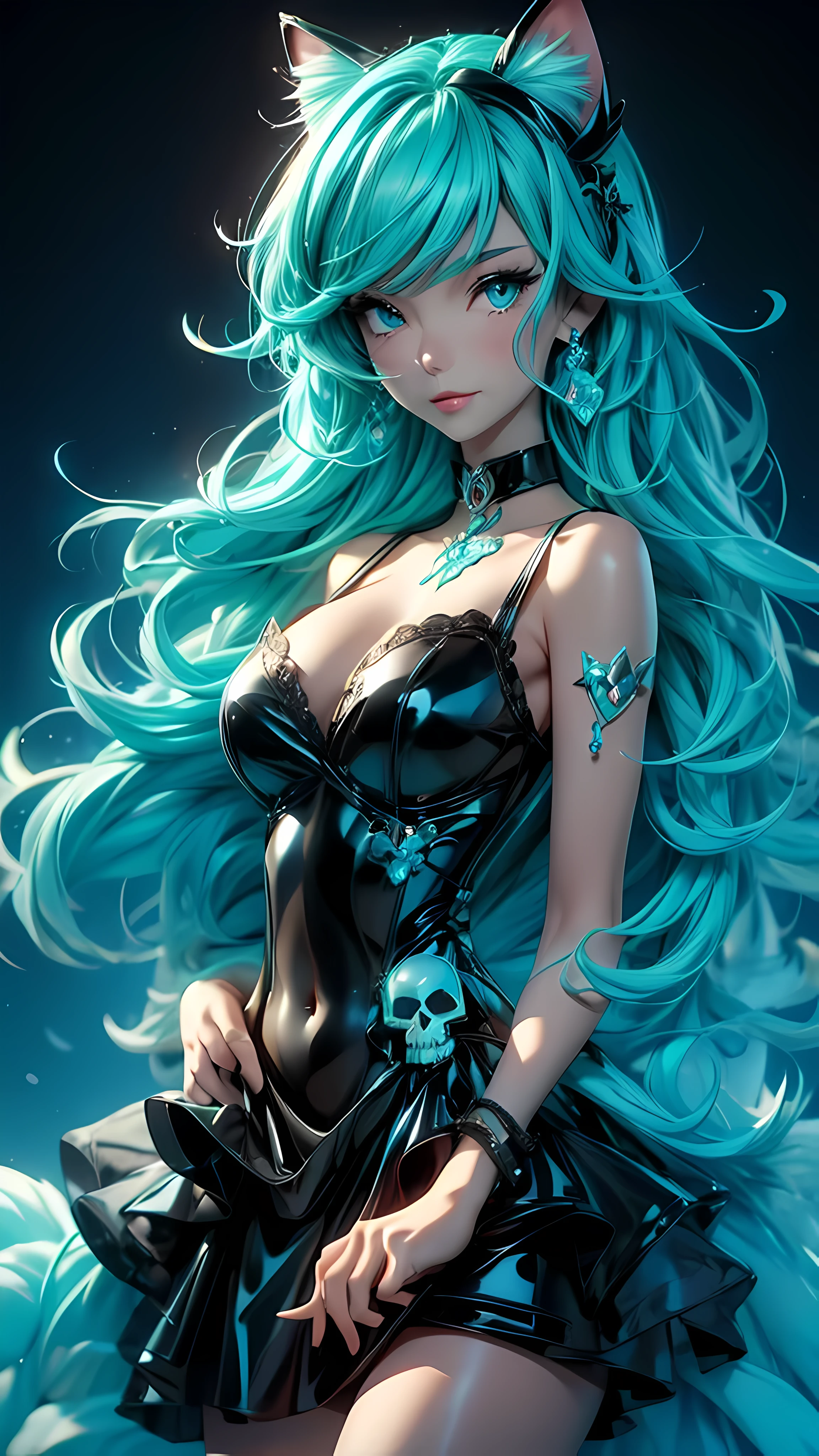 A mature and gorgeous Catgirl with cyan colored cat ears and cyan colored hair is posing seductively. She has a skull ornament in her hair. Her black latex dress is form fitting and shines in the light. She is wearing a black choker with a red jewel heart. She has an expression that's sexy and tempting. She is well lit standing in a bedroom.
{{cyan colored cat ears}}, (masterpiece), best quality, expressive eyes, cyan eyes, heart shaped pupils, slender figure, perfect face, cyan colored hair, short hair, bob cut hair, hair over one eye, ((hair over eye)), black dress, latex dress, ((skull ornament)), (low cut dress), smiling, sexy pose, large breasts, bedroom, black choker,