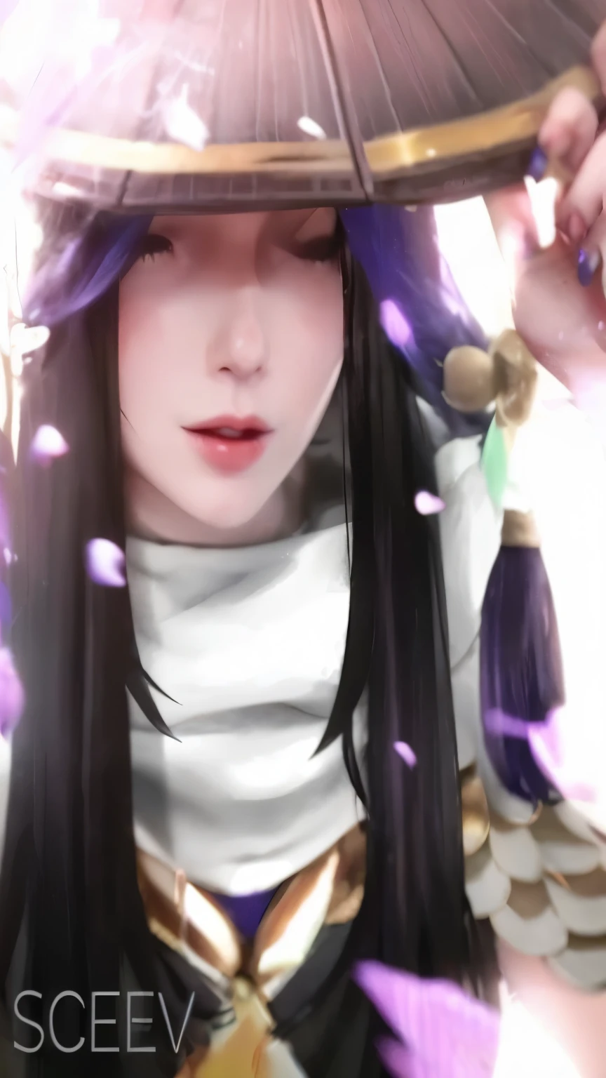 anime girl with umbrella and purple hair holding a fan, akali, irelia, akali from league of legends, ahri, irelia from league of legends, anime 3 d art, made with anime painter studio, anime styled digital art, caitlyn from league of legends, league of legends character, realistic anime artstyle, onmyoji portrait
