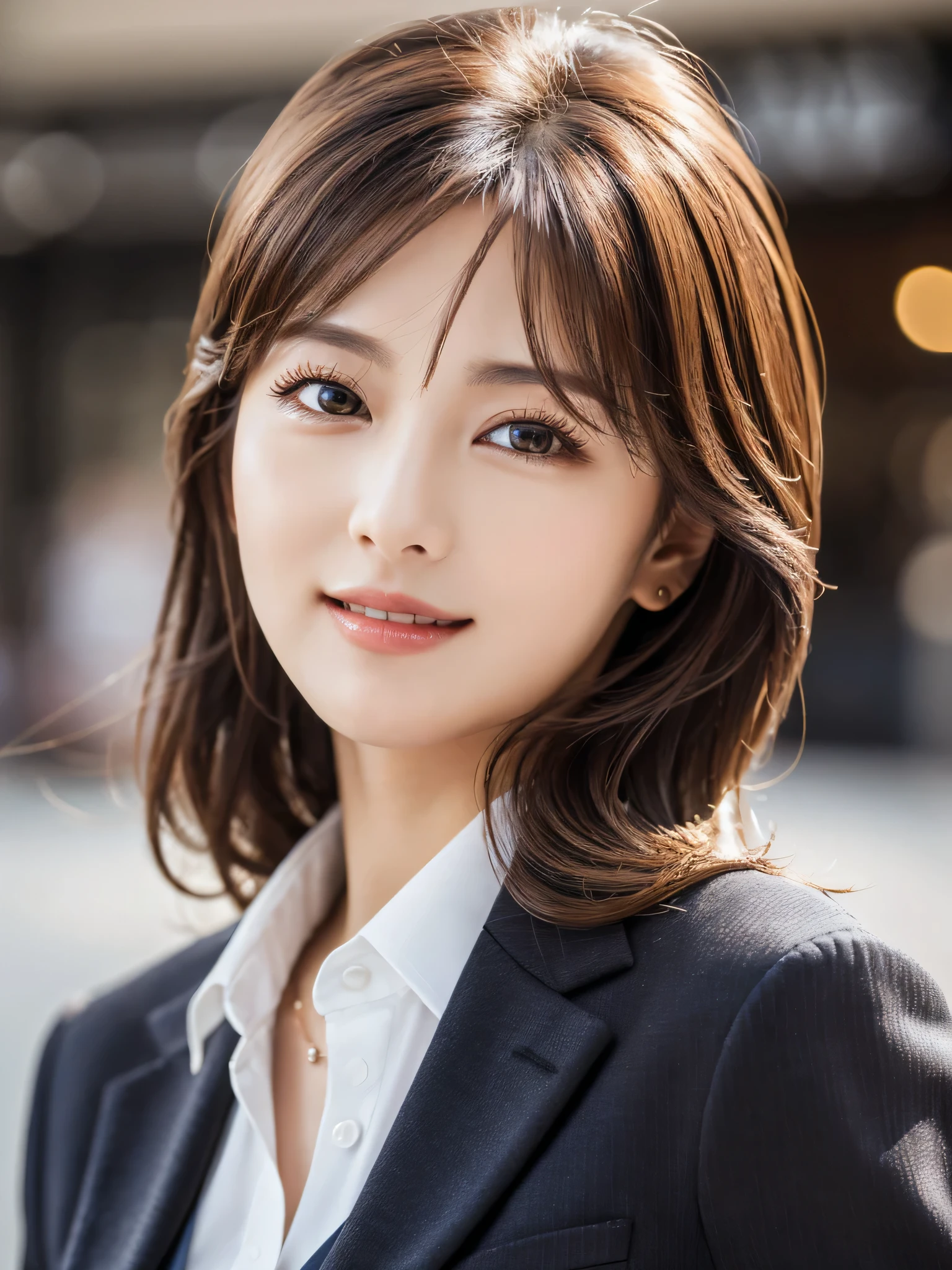 table top、highest quality、genuine、Super detailed、finely、High resolution、8k wallpaper、one beautiful woman、、、light brown disheveled hair、wearing a business suit、sharp focus、perfect dynamic composition、beautiful and detailed eyes、thin hair、Detailed genuine skin texture、smile、close-up portrait、model body shape