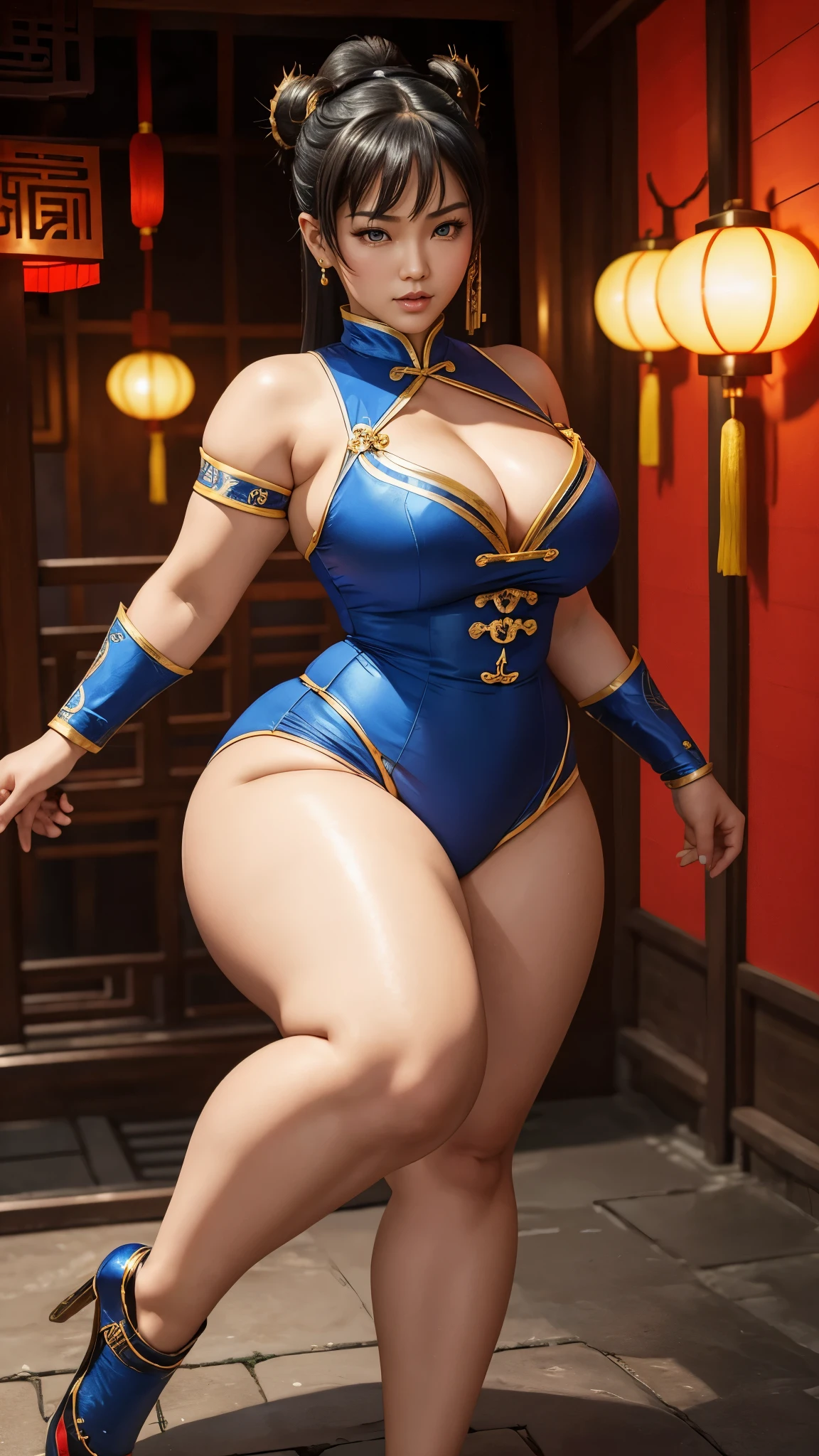 Chunli, wide hips, curvy, long legs, beautiful eyes, beautiful, full body, thick high, sexy chunli costum, paws body ,Chinese house background 