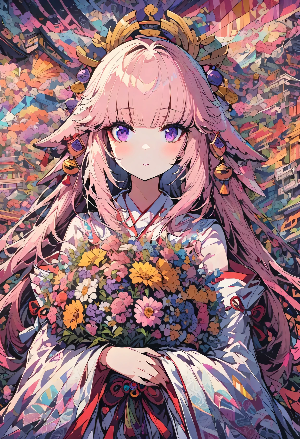(ultra-Detailed background, Detailed background), ridiculous, High resolution, super detailed, Very detailed, 1 girl, Yae Shrine Maiden, pink hair, purple eyes, (A bouquet of flowers:1.3), (Zentangle:1.2), (Geometric:1.2),(colorful),