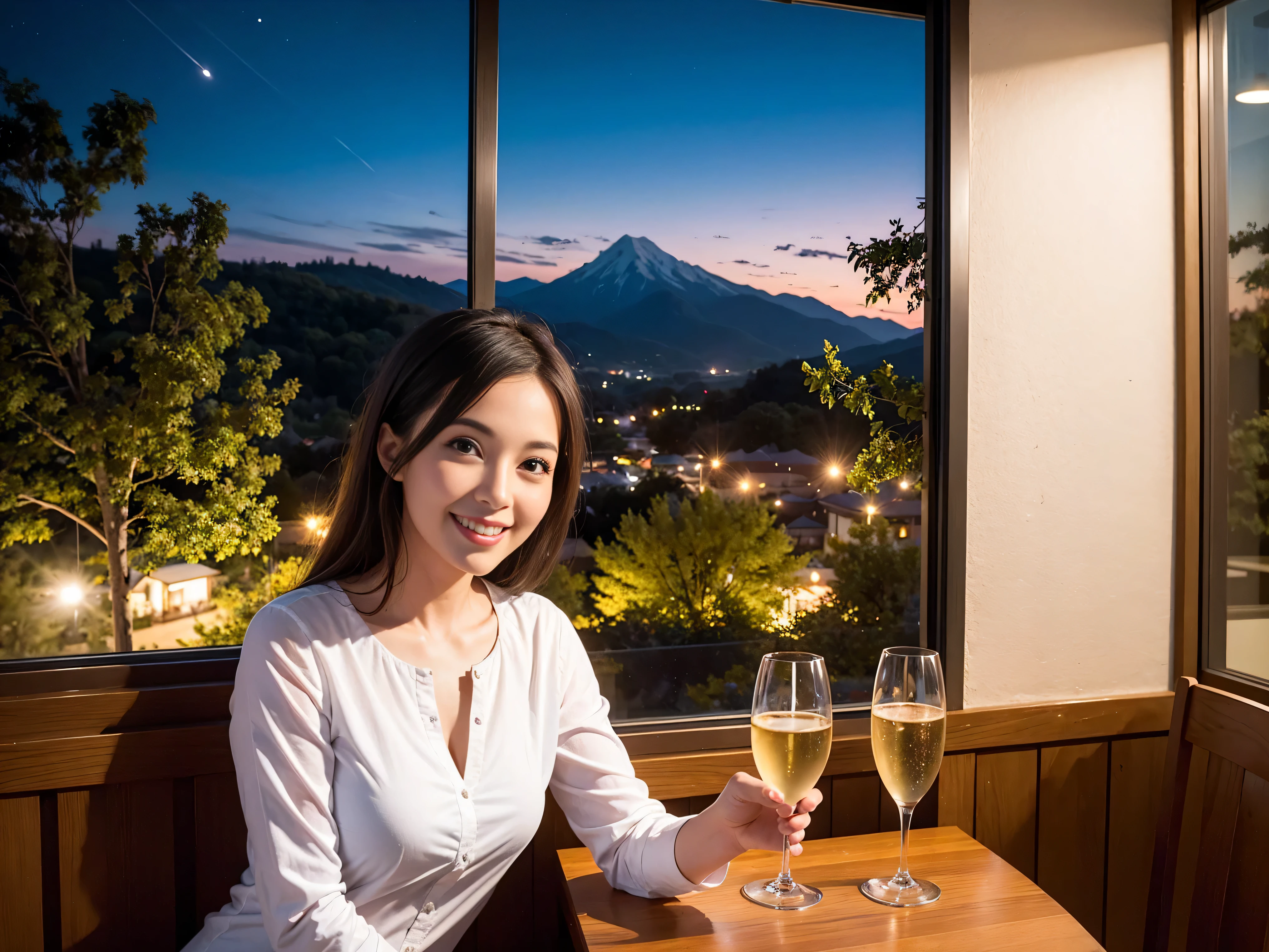 K, UHD, highest quality, masterpiece: 1.2), (realistic, photorealistic: 1.37), Spectacular view of the sunset sky and clouds、Amazing mountain views、A bright smile、3 slim beauties, (slim face),Happy、 the best smile、Fox face、Berry Short、(because I&#39;thin), (brown hair), (shortcut), long sleeve shirt、winter fashion、Japanese、Dutch、German、Portuguese、Belgian、Italian、French,Champagne、SparKling wine、 (gush), (slim body), (brown hair), (shortcut), neat beauty、cheeKs blush a little, (41 years old), 38 years old, alone, A beautiful and detailed night view spreads out outside the window..., restaurant, wine glass is sitting, At night, in a prominent place (from the Upper body) nova frog style, actress, model, Upper body, White wine, slim, wine glass, very beautiful night view, wine glass Put in the Middle, Happy smile, (smile: 1.15), 