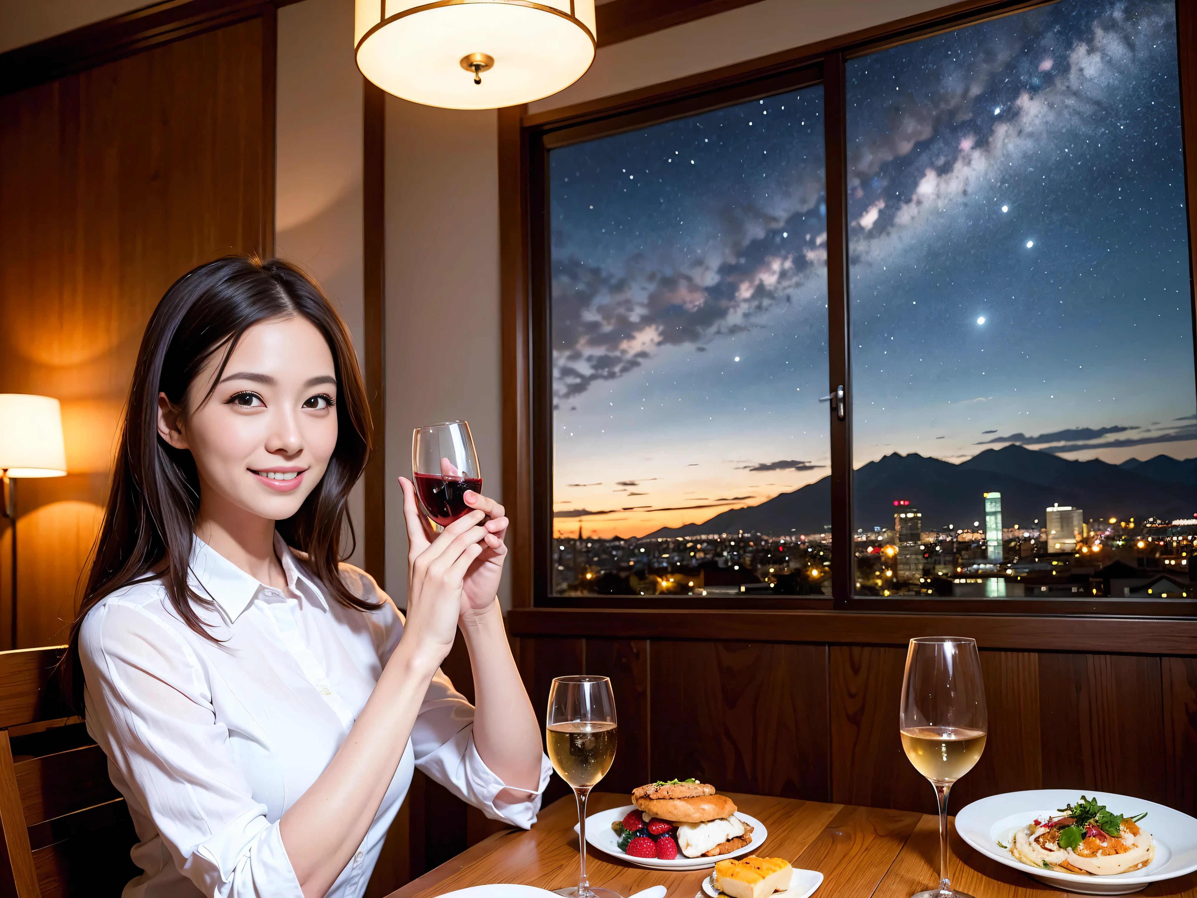 K, UHD, highest quality, masterpiece: 1.2), (realistic, photorealistic: 1.37), Spectacular view of the sunset sky and clouds、Amazing mountain views、A bright smile、3 slim beauties, (slim face),Happy、 the best smile、Fox face、Berry Short、(because I'thin), (brown hair), (shortcut), long sleeve shirt、winter fashion、Japanese、Dutch、German、Portuguese、Belgian、Italian、French,Champagne、SparKling wine、 (gush), (slim body), (brown hair), (shortcut), neat beauty、cheeKs blush a little, (41 years old), 38 years old, alone, A beautiful and detailed night view spreads out outside the window..., restaurant, wine glass is sitting, At night, in a prominent place (from the Upper body) nova frog style, actress, model, Upper body, White wine, slim, wine glass, very beautiful night view, wine glass Put in the Middle, Happy smile, (smile: 1.15),