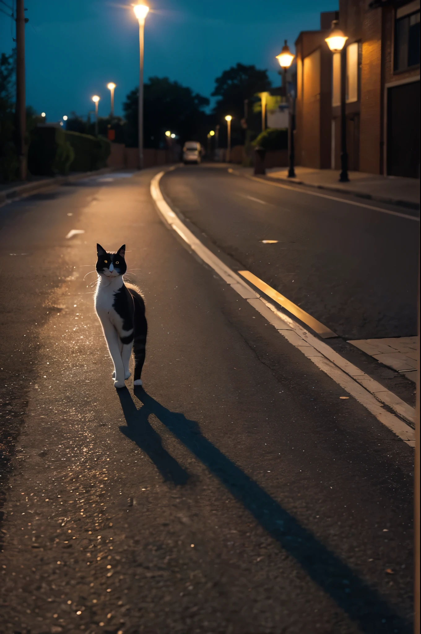 A cat walks under the streetlight and stares at the sky in a daze