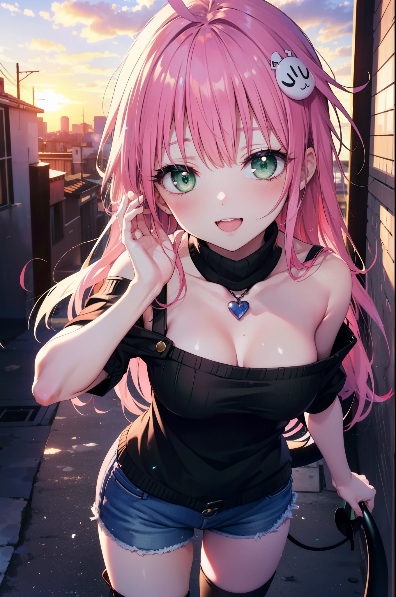 Lara Deviluke, Lara Deviluke, long hair, pink hair, tail, Ahoge, bangs, hair ornaments, (green eyes:1.5), happy smile, smile, open your mouth,demon tail,off shoulder sweater,bare shoulders,bare clavicle,naked neck,shorts,black pantyhose,short boots,bag,evening,sunset,So that the whole body goes into the illustration,
break outdoors, In town,ビル街
break looking at viewer, 
break (masterpiece:1.2), highest quality, High resolution, unity 8k w全てpaper, (shape:0.8), (beautiful detailed eyes:1.6), extremely detailed face, perfect lighting, extremely detailed CG, (perfect hands, perfect anatomy),