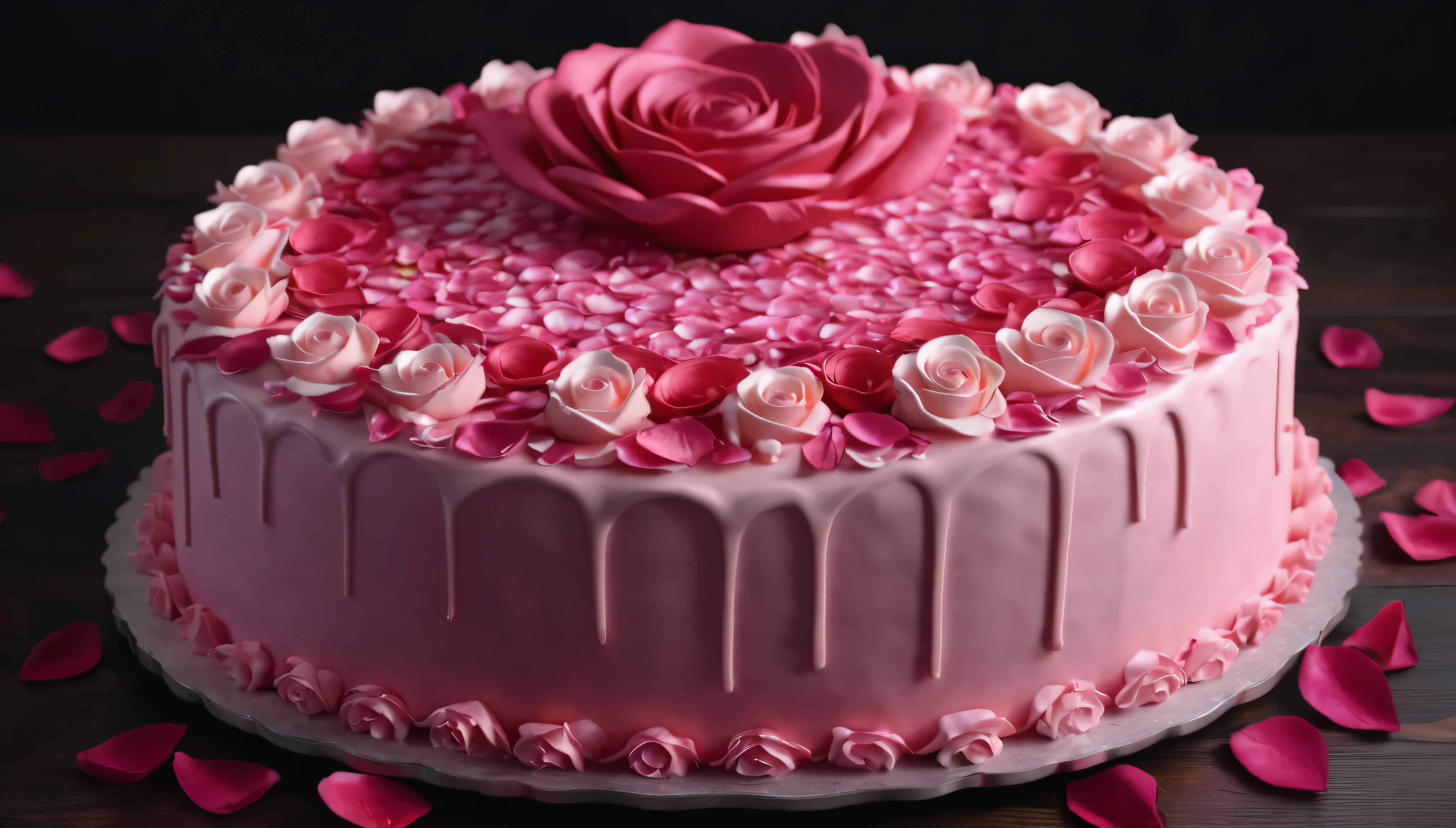 A stunning cake, its entire surface covered with arrangement of rose petals, hand-crafted out of pink cream. On dark oak table, photorealistic, light shafts, ray tracing, volumetric lighting, 4k wallpaper, (bakery advertisement video:1.4), (close up:1.2)