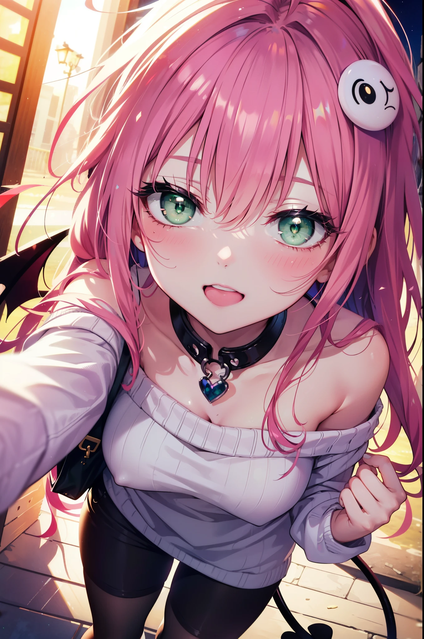 Lara Deviluke, Lara Deviluke, long hair, pink hair, tail, Ahoge, bangs, hair ornaments, (green eyes:1.5), happy smile, smile, open your mouth,demon tail,off shoulder sweater,bare shoulders,bare clavicle,naked neck,shorts,black pantyhose,short boots,bag,evening,sunset,So that the whole body goes into the illustration,
break outdoors, In town,ビル街
break looking at viewer,
break (masterpiece:1.2), highest quality, High resolution, unity 8k w全てpaper, (shape:0.8), (beautiful detailed eyes:1.6), extremely detailed face, perfect lighting, extremely detailed CG, (perfect hands, perfect anatomy),