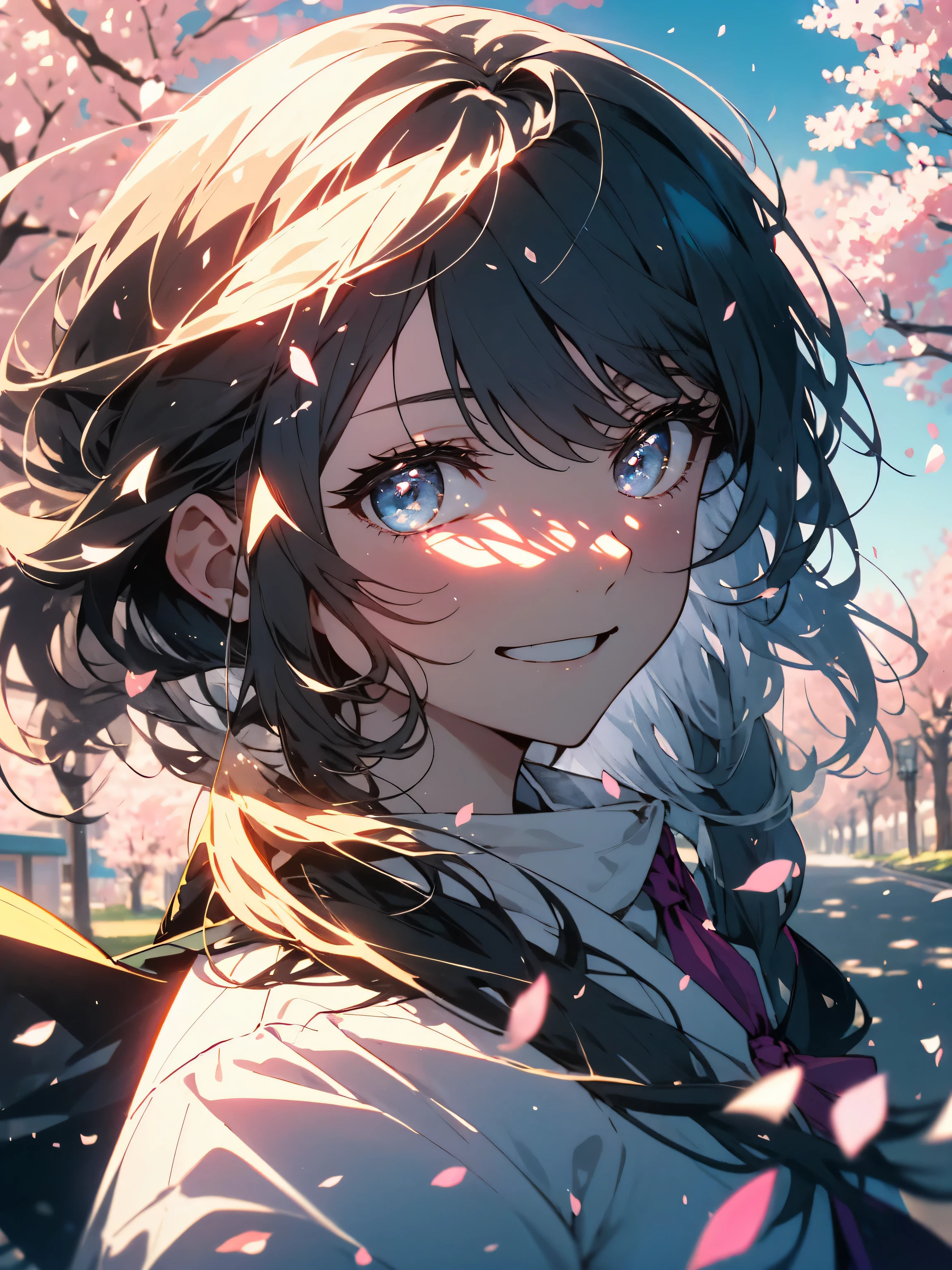 (highest quality、masterpiece、High resolution、be familiar with)、(shining eyes、be familiar with美しい顔)、8K、(2 girls)、(smile)、(high school girl、uniform)、The road to school(walk together)、Cityscape lined with cherry blossom trees、sunny、bright theme、pop、Beautifully falling cherry blossom petals、(beautiful anime)、(Shining eyes、detailed beautiful face)