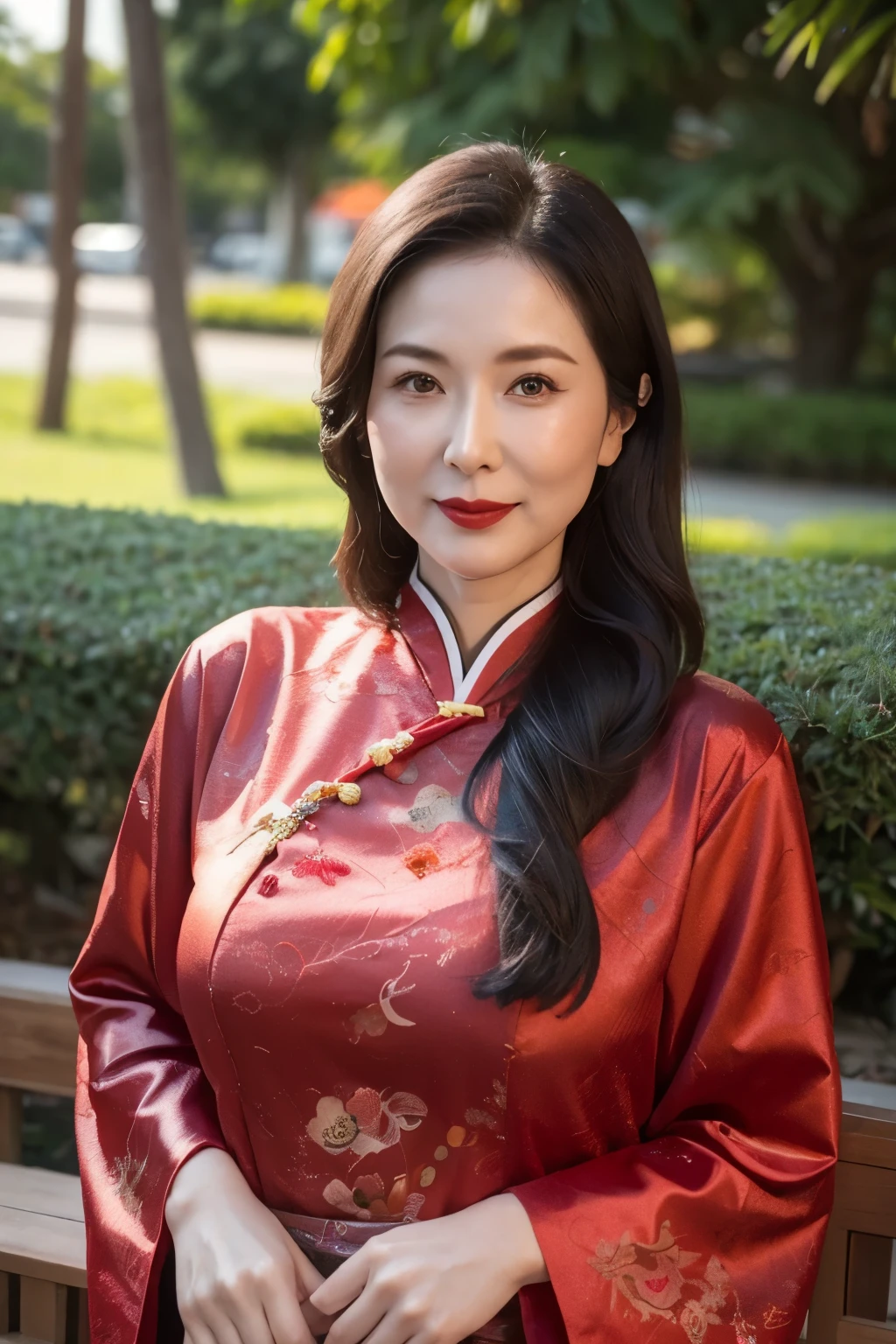 Draw lips correctly, red lipstick, from chest up, best quality, Super detailed, lifelike, Super fine skin, perfect anatomy, (1 日本Mature的女人), (alone)，Wear a nice Chinese cheongsam、Hanfu，wavy long hair，40 year old female，Mature，charming smile，garden background，stand，Slightly fat（1.2），Big breasts（1.2），full-body shot。