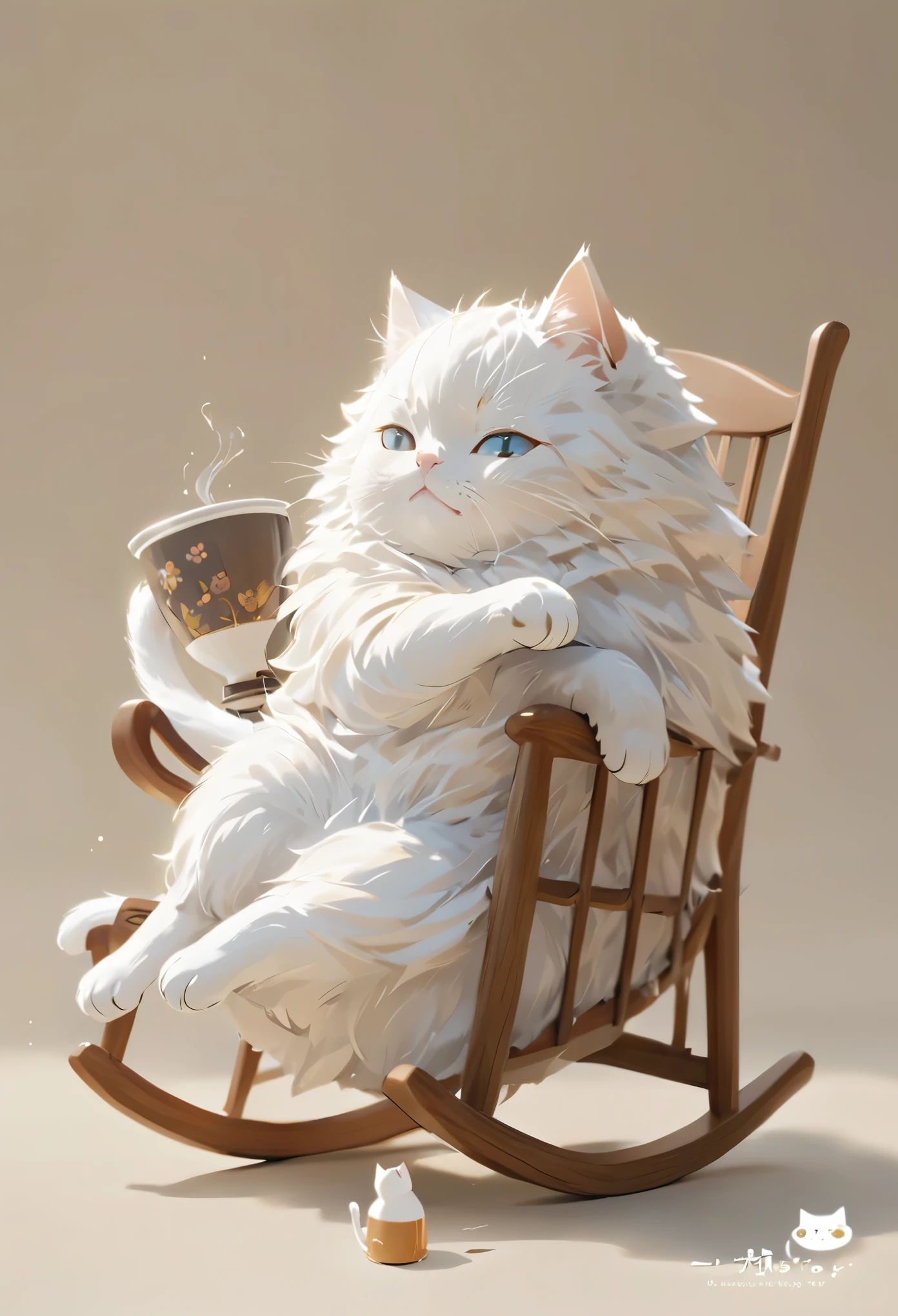 araffe sitting in a rocking chair,drinking a cup of coffee, a cat sitting in a chair, cat is drinking tea, A cat is drinking coffee, white cat, Relax after a hard day, anime visual of a cute cat, he is very relaxed, cute cat, elegant cat, in a comfortable chair, relax, a cute cat, Lovely 3D rendering