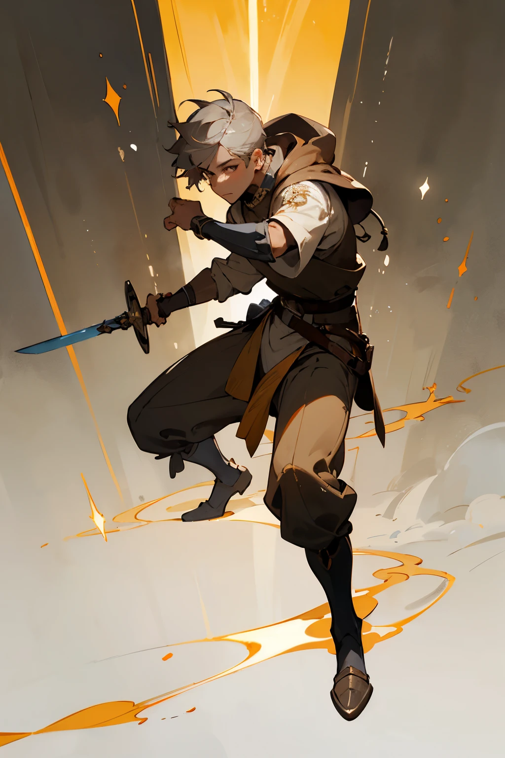 ((pose)), (facing camera), character design, (young man), male, ((adventurer)), light skin, (medieval), brown colors, gray hair, holding sword, (perfect quality)