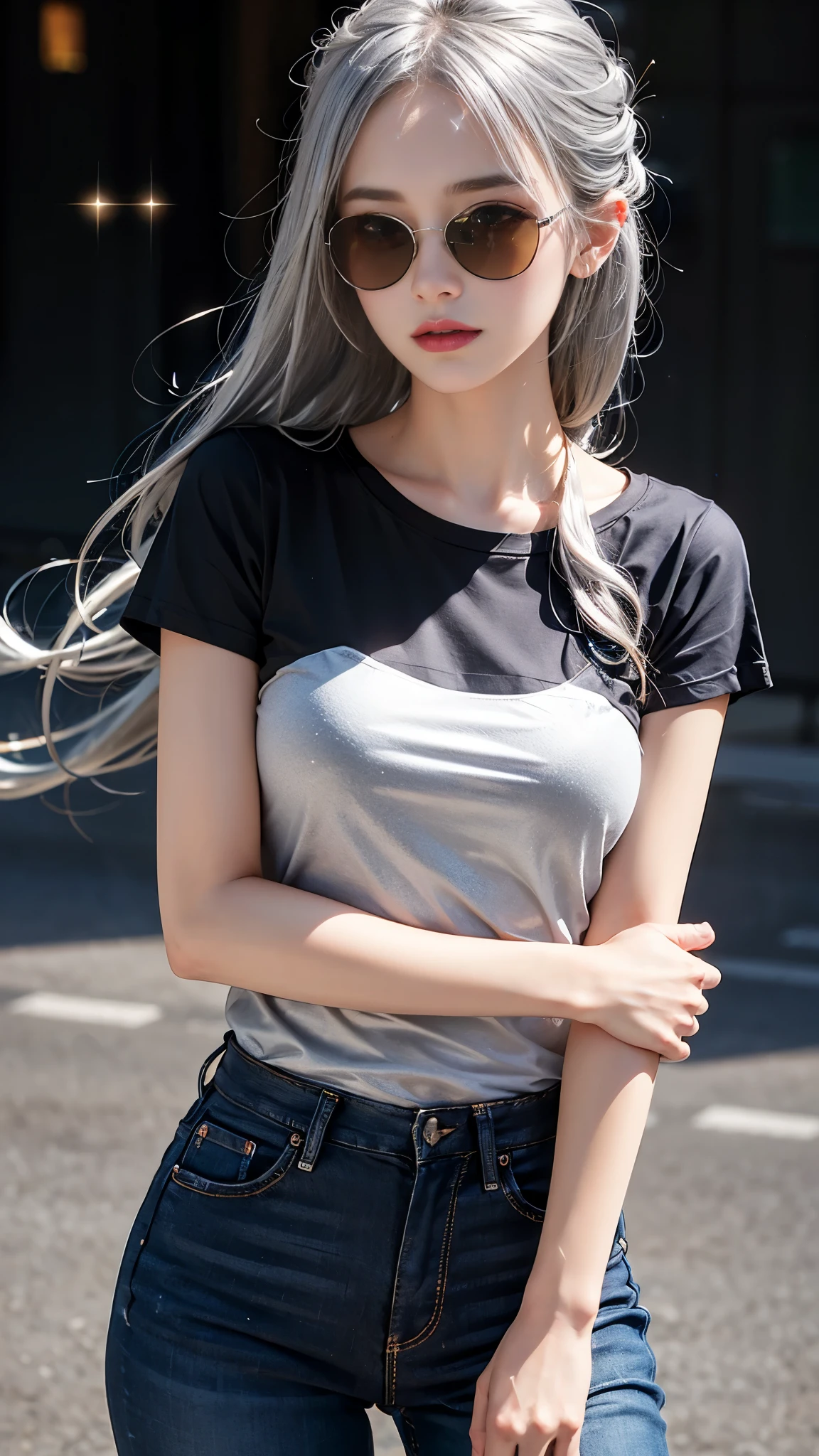 photorealistic, high resolution, soft lights, 1women, solo, hips up, Green eyes, white hair, long hair, green eyes, red lips, jewelry, street wear, t-shirt, skirt, Sexy, Very Sexy, Very Very Sexy,Very very sexy, Japanese outfit, sexy very short skirt, sexy low-cut shirt, Japanese school outfit very short sexy, porn
