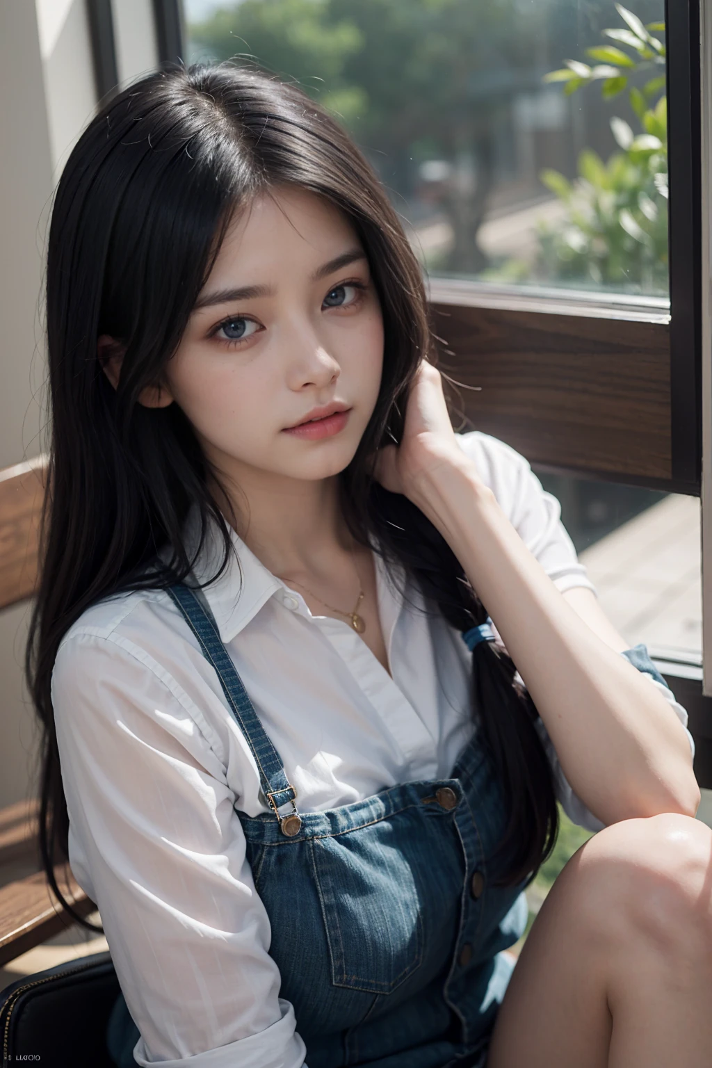 (skindentation:1.5), (Realistic, Photorealistic), (masterpiece:1.5), concept art, intricate details, highly detailed, photorealistic, octane render, 8k, unreal engine, dynamic pose, best quality, highres, (realistic face:1.1), (hyperrealistic:1.1), ((full_body)), perfect eyes,(shiny skin:1.2), (((hairstyle))), (((perfect hands))), (extremely detailed background), ((dynamic background)), ((lightning)), (light rays), ((1girl)), (8k, RAW photo:1.2), dramatic angle, (fluttered detailed color splashes), (illustration), (((1 girl))), beautiful face, straight long black hair, short braided hair, thinking face, (wearing close button shirt, see through), sitting at desk, studying, holding book, books, in classroom, wall decor, mini library, glass window, wall clock, cinematic light, photorealistic, masterpiece, best quality, complex CG, high detailed face, high detailed eyes, very cute, adorable, dream girl, school day,