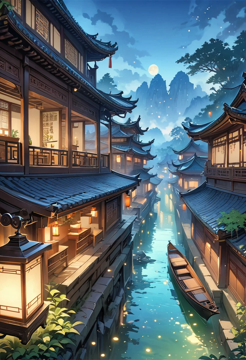 official art, China, ancient street, (many fireflies), (night), (moon), lamp, Beautiful scenery, epic scenery, 逼真的lamp光, masterpiece, high quality, nice graphics, high detail, global illumination, Unreal Engine Rendering, octane rendering, (high dynamic range:1.3)