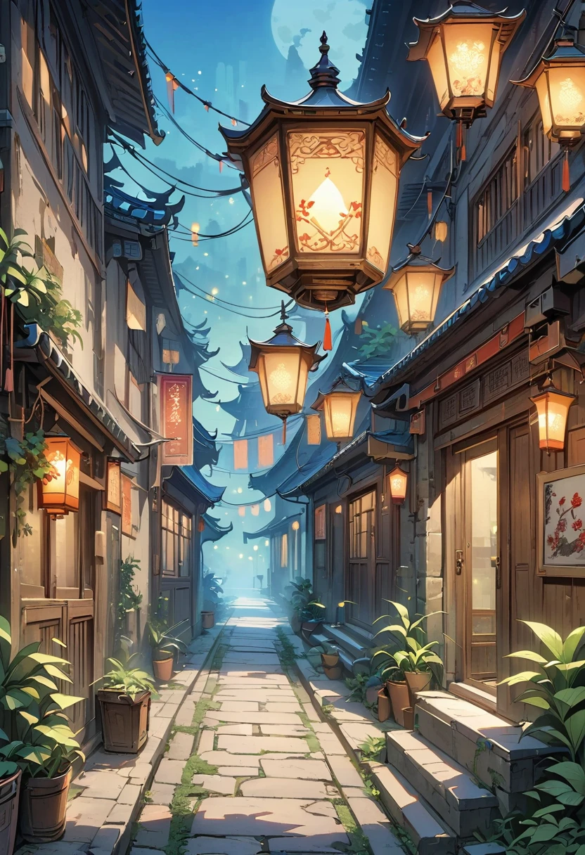 official art, China, ancient street, (many fireflies), (night), (moon), lamp, Beautiful scenery, epic scenery, 逼真的lamp光, masterpiece, high quality, nice graphics, high detail, global illumination, Unreal Engine Rendering, octane rendering, (high dynamic range:1.3)