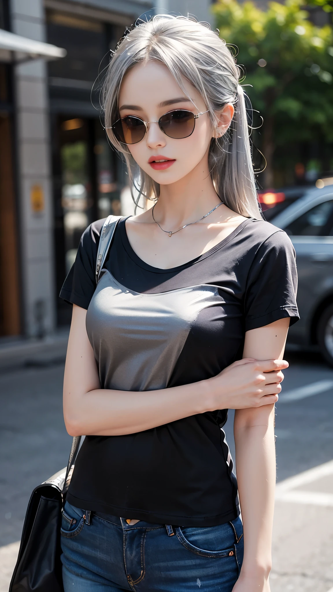 (best quality:1.2,4k ultra hd:1.2), a girl, beautiful face, full and glossy lips, long flowing hair, perfectly straightened, small breasts, (gradient silver t-shirt:1.5), (black straps t-shirt:1.4), bare arms, black jeans, complete with a cap, (sparkling sunglasses:1.5), capturing her character and charm, with a blurred background enhancing the relaxed atmosphere, showcasing her confidence and elegance, sitting,