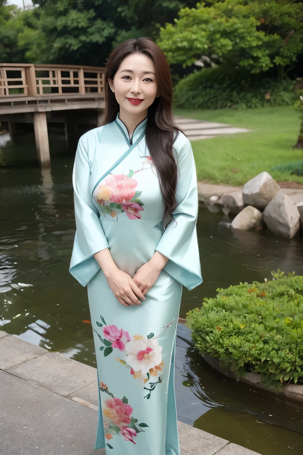 Draw lips correctly, red lipstick, from chest up, best quality, Super detailed, lifelike, Super fine skin, perfect anatomy, (1 日本Mature的女人), (alone),Wear a beautiful green cheongsam with Chinese flowers、Hanfu,wavy long hair,40 year old female,Mature,charming smile,small bridge flowing water background,stand,Slightly fat(1.2),Big breasts(1.2),full-body shot。