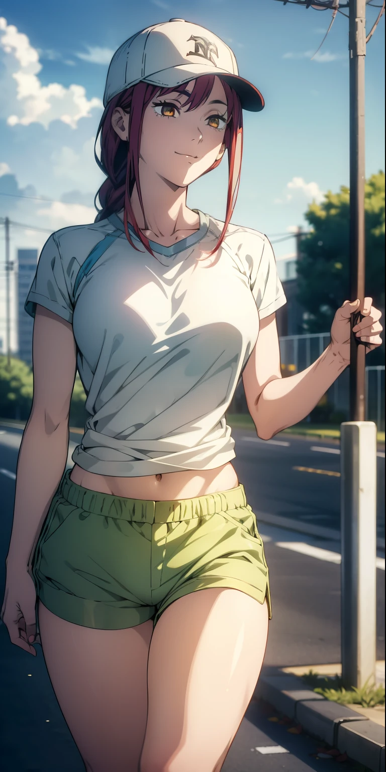 , (masterpiece), (best quality), (ultra-detailed), (extremely detailed cg), (a extremely delicate), (perfect lighting), (8k), (dynamic angle), (sharp image), vibrant colors, female, masterpiece, best quality, depth of field, cinematic lighting, masterpiece, best quality, ultra-detailed, colorful, vibrant, large breasts, thighs, mature female, solo, (masterpiece, best quality, high resolution, animescreencap, anime colored,), (perfect anatomy, beautiful detailed eyes, beautiful detailed body, beautiful breast, shiny skin), a sexy mature anime lady is walking outside, shiny thighs, looking at viewer, side bangs, red hair, ringed eyes, yellow eyes,braided ponytail, side bangs, medium breasts, medium chest, walking, road, road plants, sidewalk, dolphin shorts, white shirt, baseball cap, smiling, dynamic pose, sun, blue skies, sunlight, clouds, athletic shoes, sunglasses