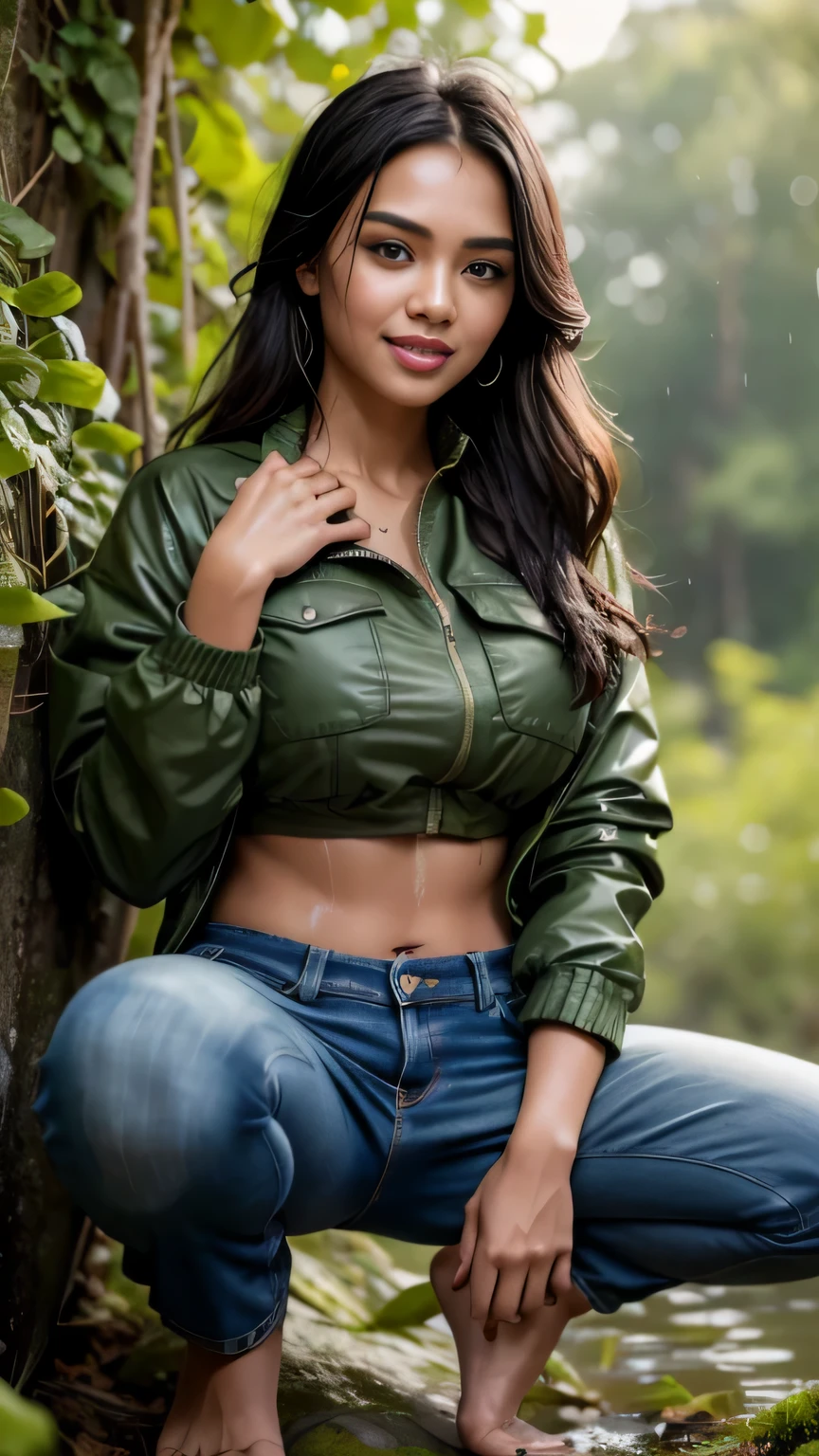 RAW, Best quality, high resolution, masterpiece: 1.3), beautiful Malay woman in raincoat, high resolution, Masterpiece: 1.3,  Masterpiece, Soft smile,  black hair, crouching on rock, raining, vines all around, giant and wet trees ,bright sunshine, denim jacket unbuttoned, crop top, long pants, highres,4k,HDR,1girl, photorealistic, realistic,sweat skin, wet clothes, wet body, big breast, ((full body))soaked, dripping, smiling at viewer, closeup