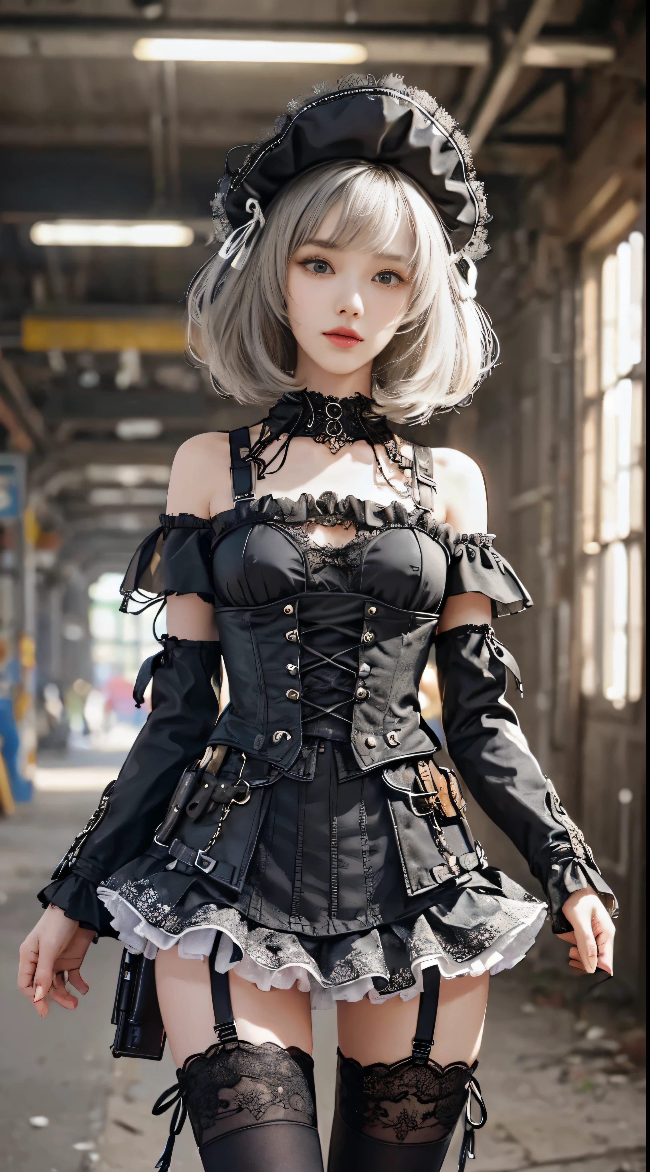 (((masterpiece, highest quality, Super detailed))), 1 female, (((very thin body))) , (((length, thin legs))), (((black short bob, thick fluffy bangs ))), (((highly detailed face))), No cosmetics, small and thin nose, thin mouth with small lips, (((Very sharp focused eyes))), Precise pale gray eyes with large slits, shine like a jewel, length eyelashes, ((Highly decorative intricate mechanical steampunk fashion, Lace Flare Mini Skirt, above the knee lace stockings, Lace Off Shoulder Lolita Fashion, Overly decorative fashion)), Abandoned Night, Complex mechanized steampunk factory catches fire and explodes, (((Overall accuracy has been dramatically improved, creating a Super detailed and realistic image))), super realistic photos, (((steampunk gun)))