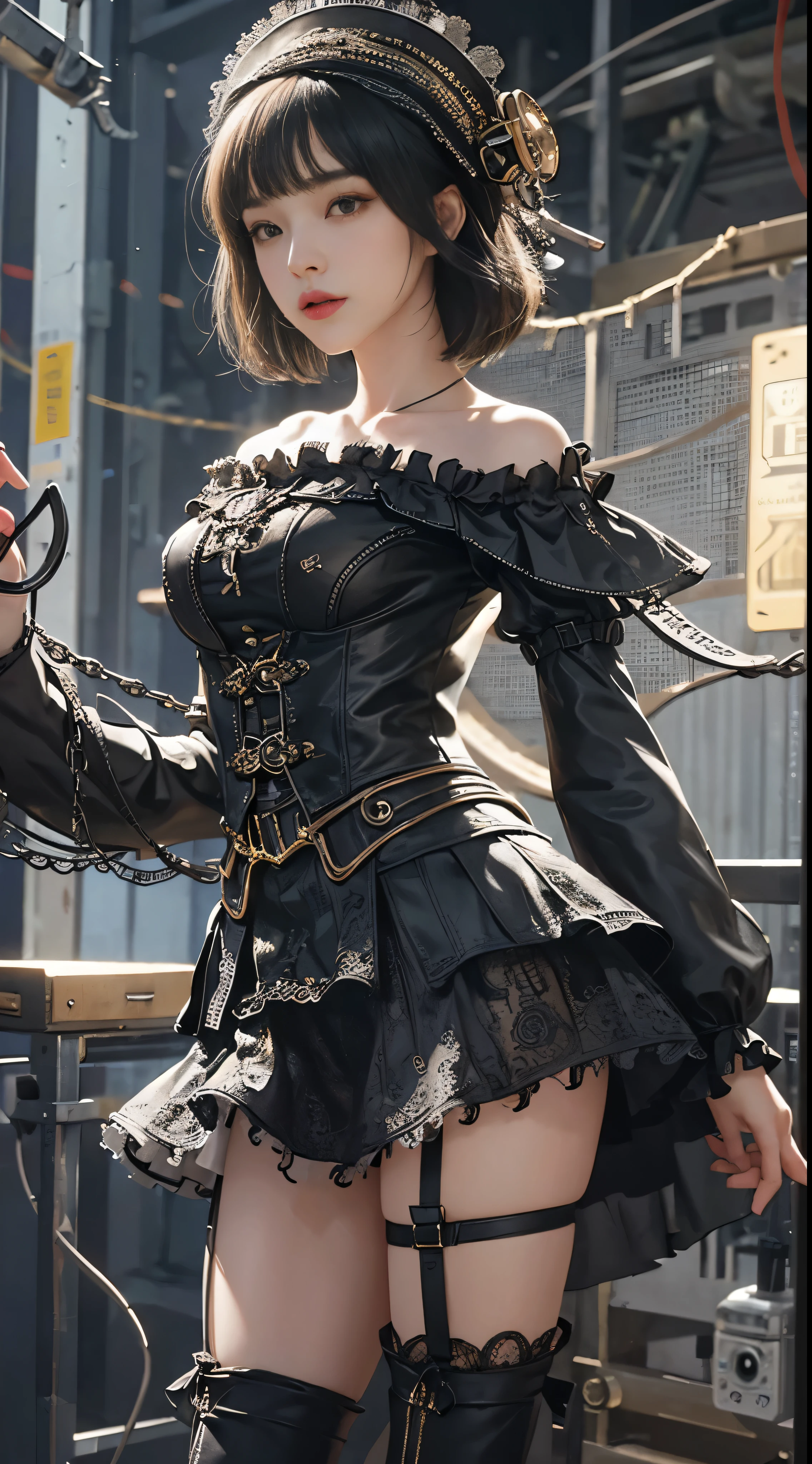 (((masterpiece, highest quality, Super detailed))), 1 female, (((very thin body))) , (((length, thin legs))), (((black short bob, thick fluffy bangs ))), (((highly detailed face))), No cosmetics, small and thin nose, thin mouth with small lips, (((Very sharp focused eyes))), Precise pale gray eyes with large slits, shine like a jewel, length eyelashes, ((Highly decorative intricate mechanical steampunk fashion, Lace Flare Mini Skirt, above the knee lace stockings, Lace Off Shoulder Lolita Fashion, Overly decorative fashion)), Abandoned Night, Complex mechanized steampunk factory catches fire and explodes, (((Overall accuracy has been dramatically improved, creating a Super detailed and realistic image))),  super realistic photos, (((steampunk gun)))