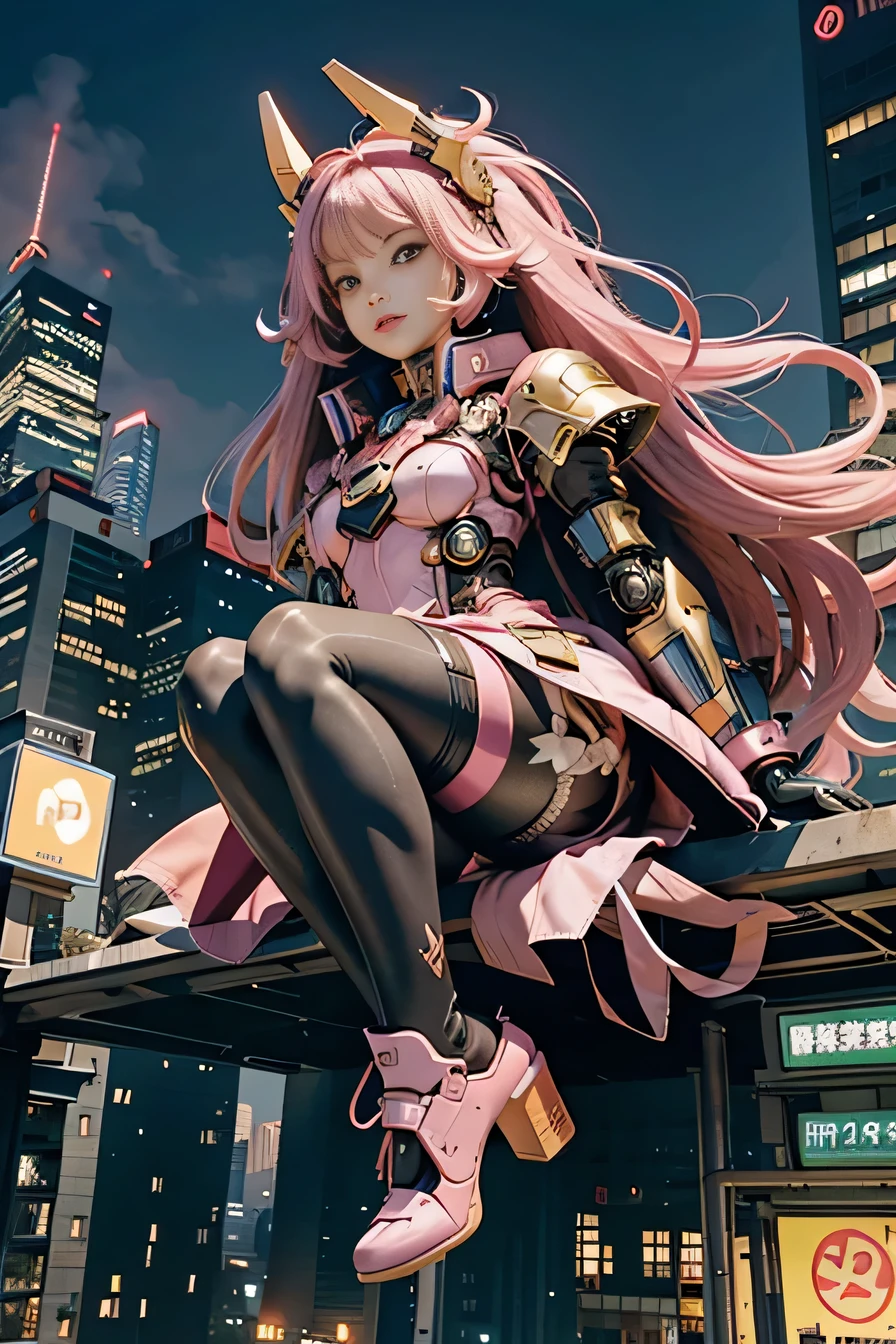 HD，giantess art, surreal , beautiful face，beautiful body，highly detailed giant shot, Mecha giant, long pink hair, black pantyhose, Huge mecha female warrior，&#39;Himatendairou Otokuta,  Mecha beauty giant, very small metropolis, micro-metropolis, In a micro-metropolis that is only as high as your feet、full body depiction, Giga Female Giant, black pantyhose, pantyhose feet, pantyhose feet, ,stomping city,Collapse city,small city,micro city, 