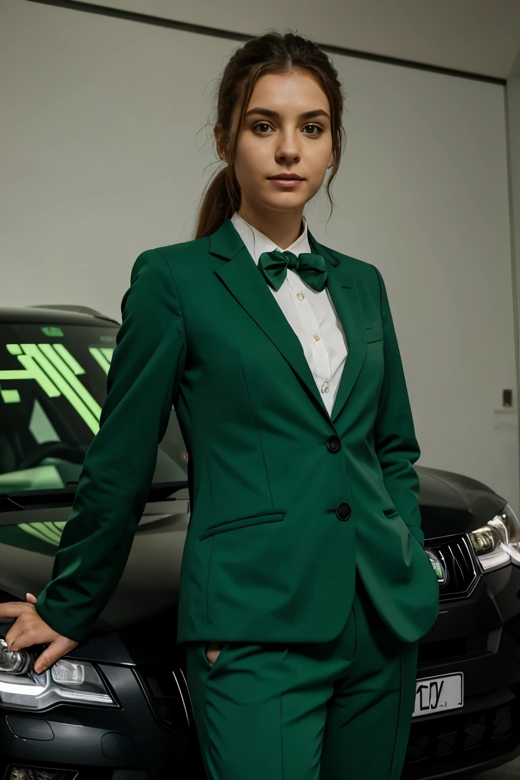 no background,Wearing a Czech SKODA green suit,front
