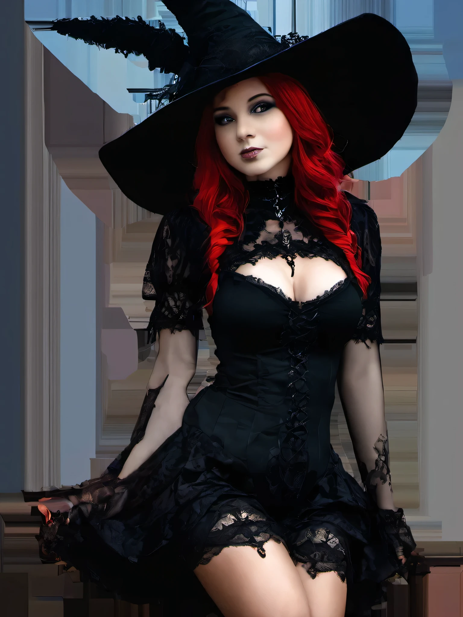 (masterpiece, best quality:1.2), 1girl, solo, Shana in a black dress, short skirt, black lace top, very sexy, hat with a red hat, a photo inspired by Chica Macnab, tumblr, gothic art, gothic outfit, fashionable dark witch, witchcore clothes, gothic!!, goth chic, fantasy outfit, gothic girl, gothic regal, imvu, gothic maiden, in a halloween style, gothic regal and tattered black, gothic dress, short skirt, black lace top, very sexy